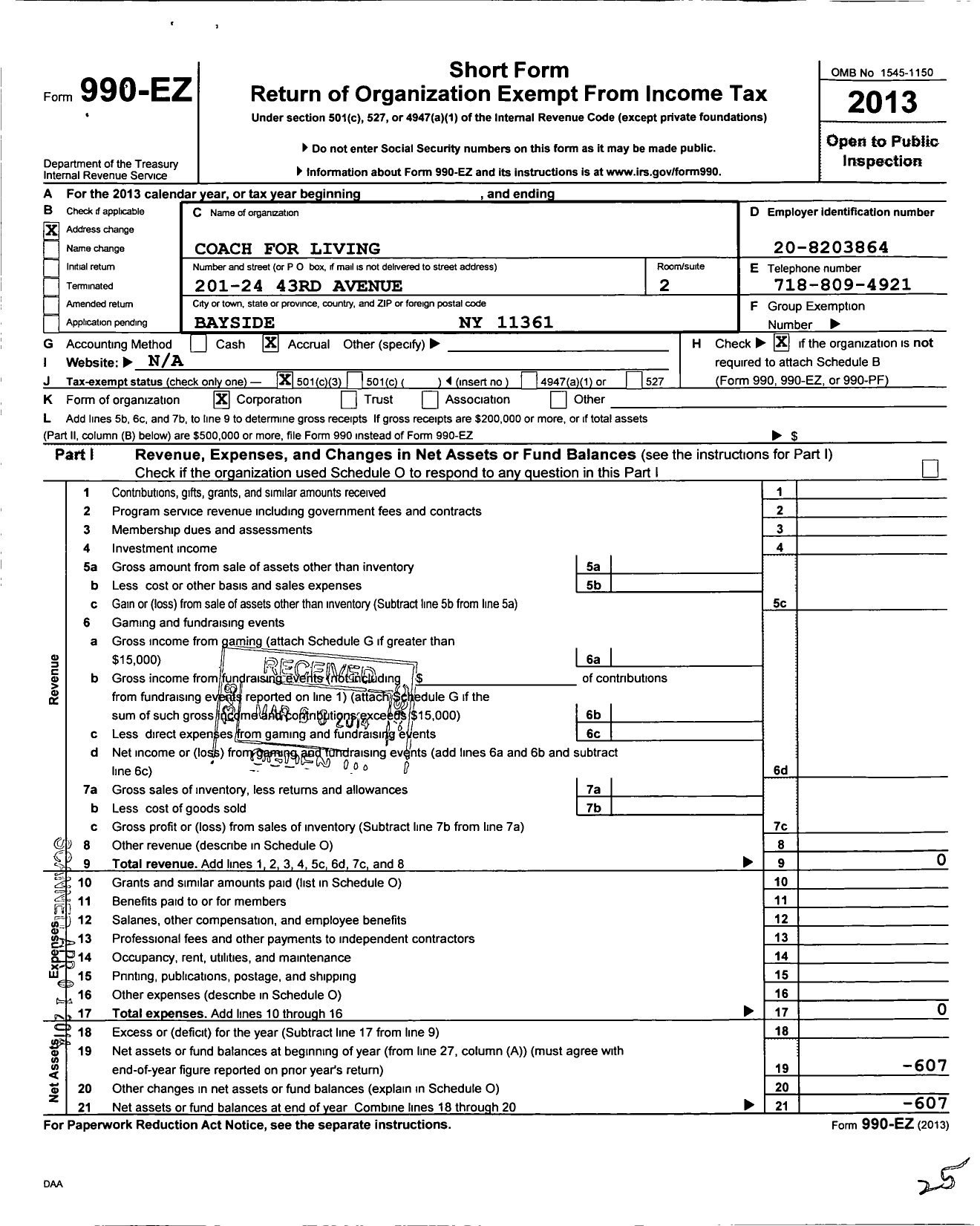 Image of first page of 2013 Form 990EZ for Coach for Living