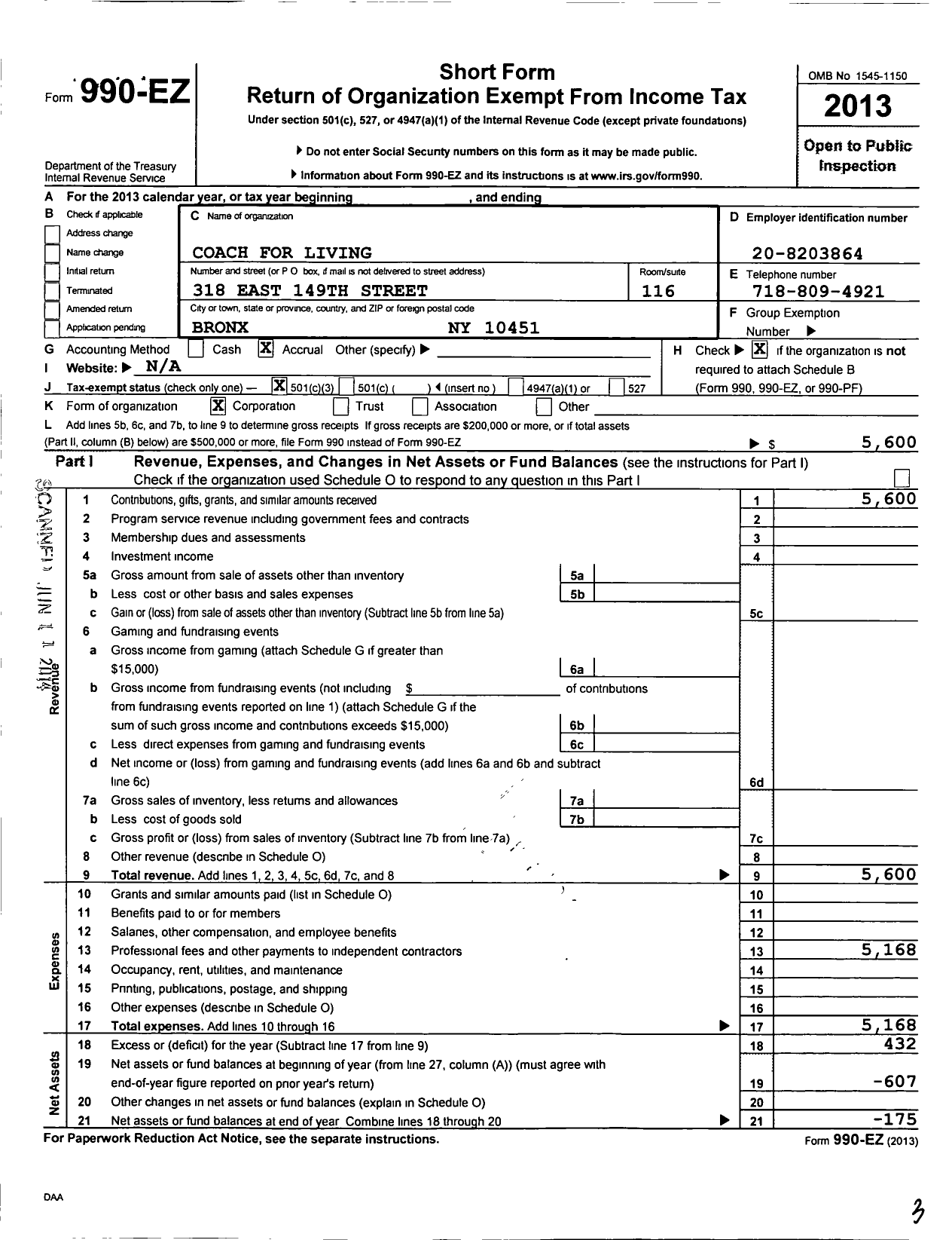 Image of first page of 2013 Form 990EZ for Coach for Living