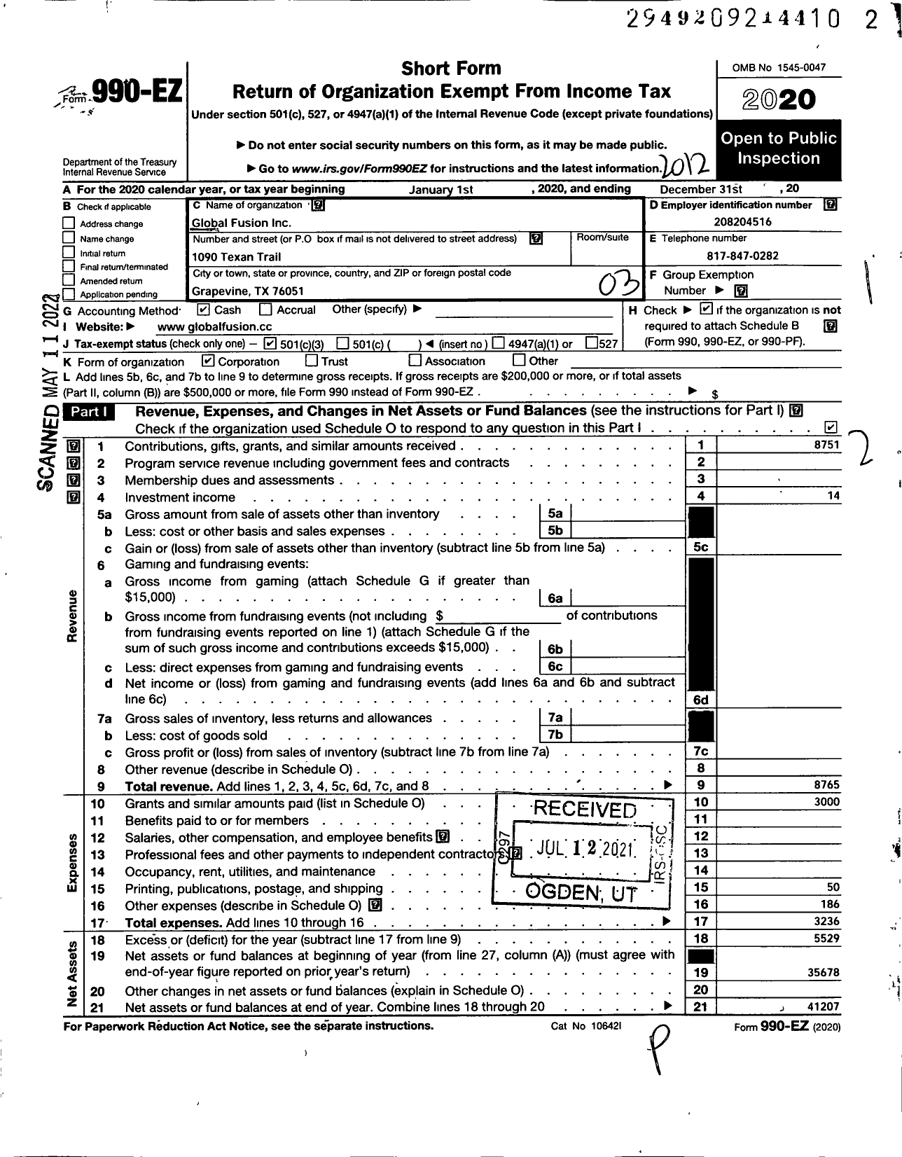 Image of first page of 2020 Form 990EZ for Global Fusion