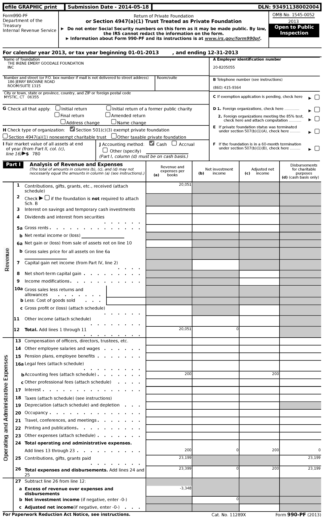 Image of first page of 2013 Form 990PF for The Irene Emery Goodale Foundation