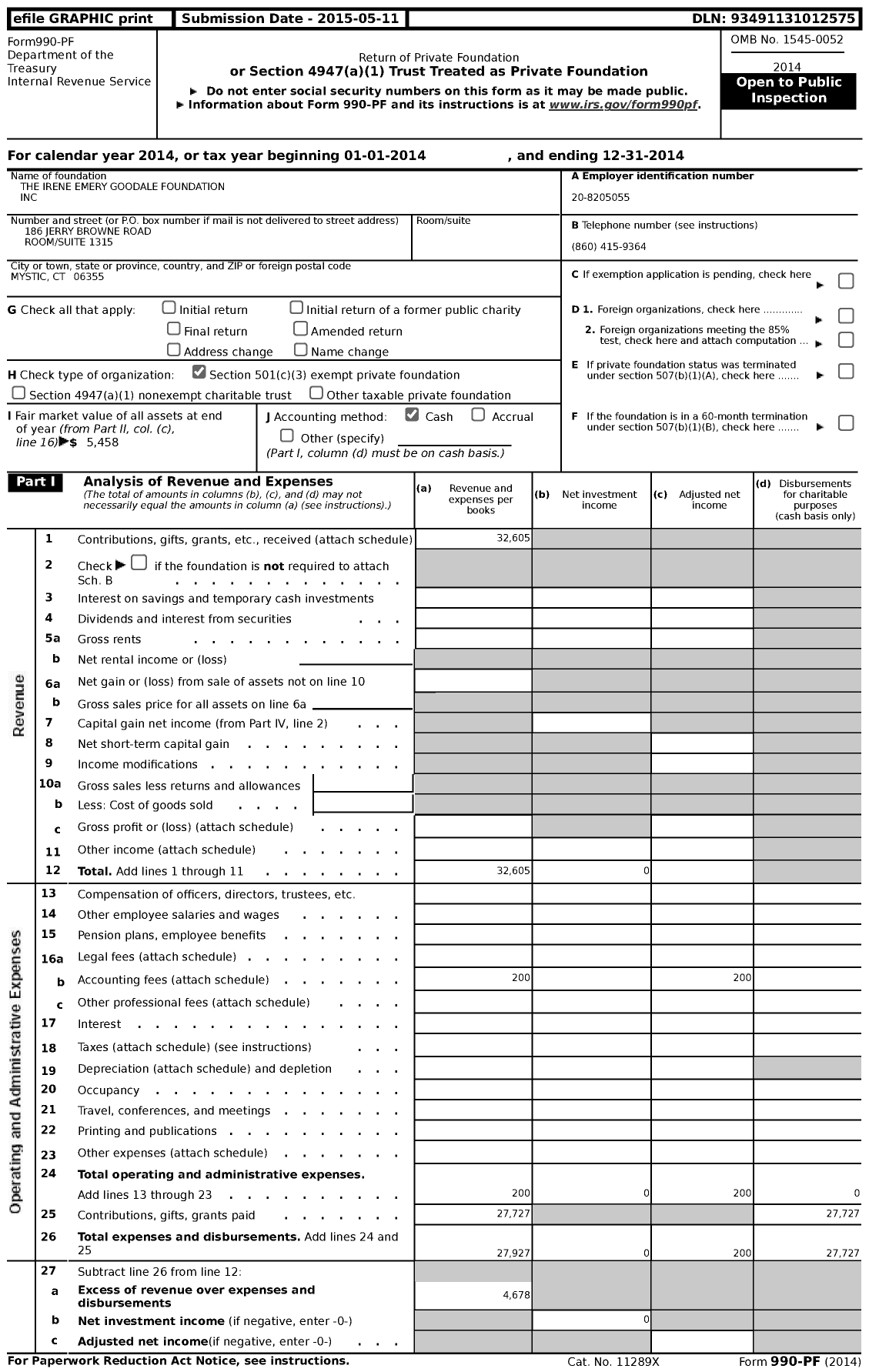 Image of first page of 2014 Form 990PF for The Irene Emery Goodale Foundation