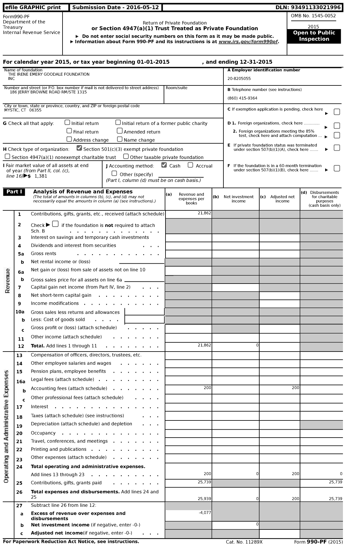 Image of first page of 2015 Form 990PF for The Irene Emery Goodale Foundation