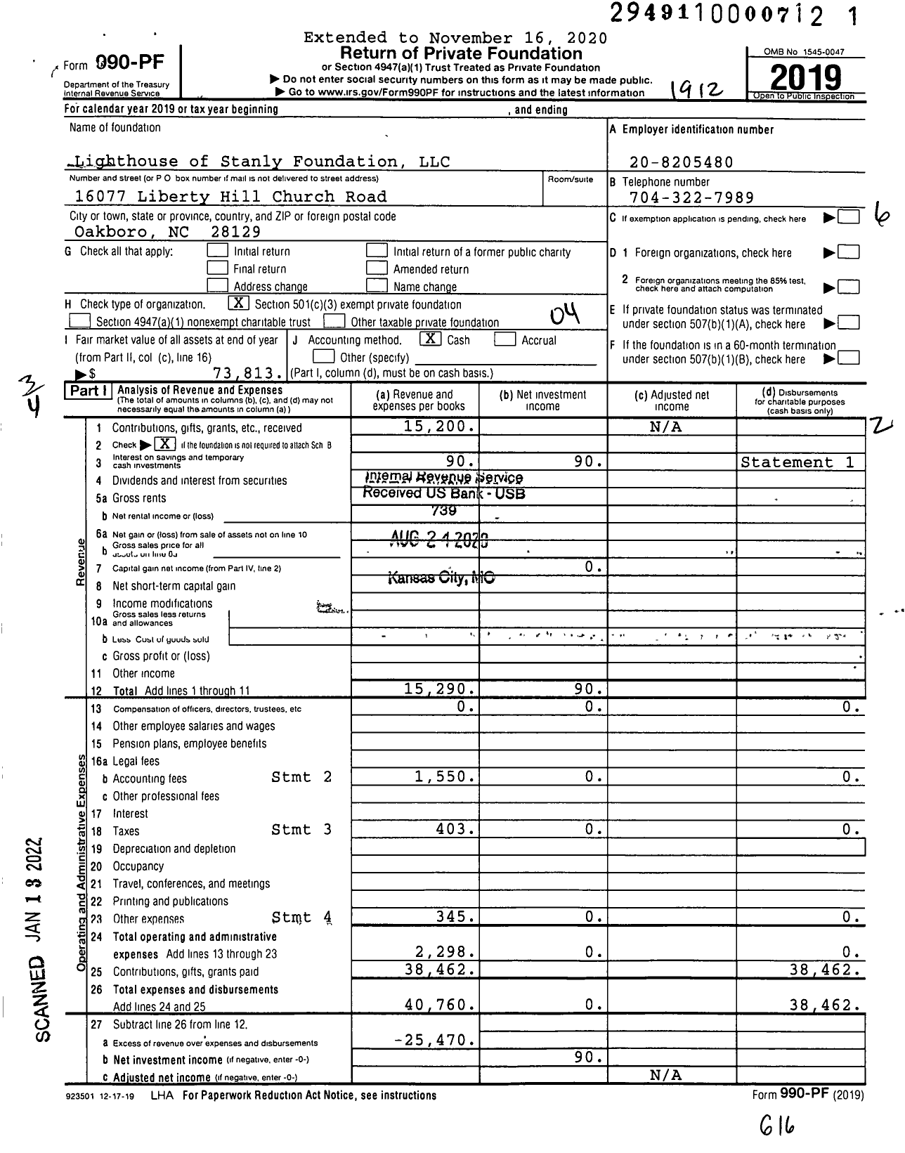 Image of first page of 2019 Form 990PF for Lighthouse of Stanly Foundation LLC