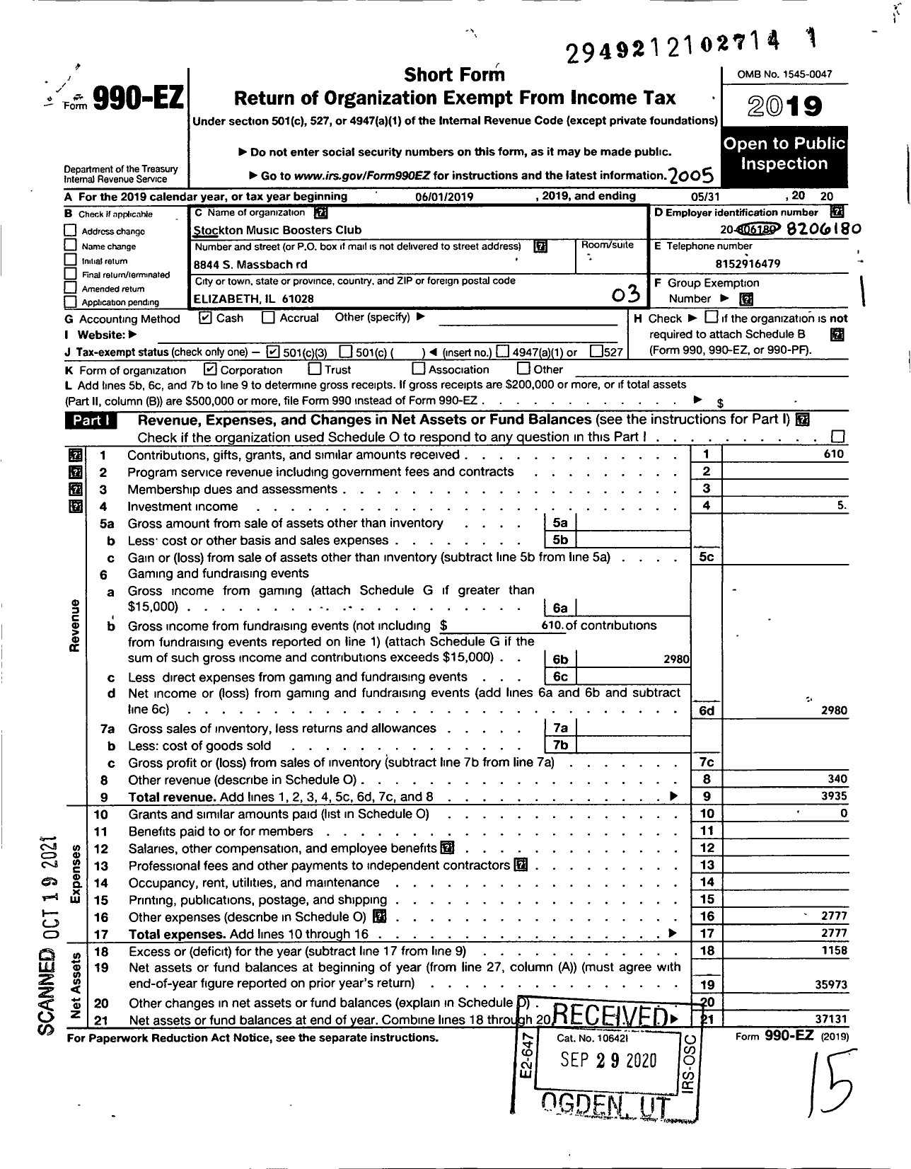 Image of first page of 2019 Form 990EZ for Stockton Music Booster Club