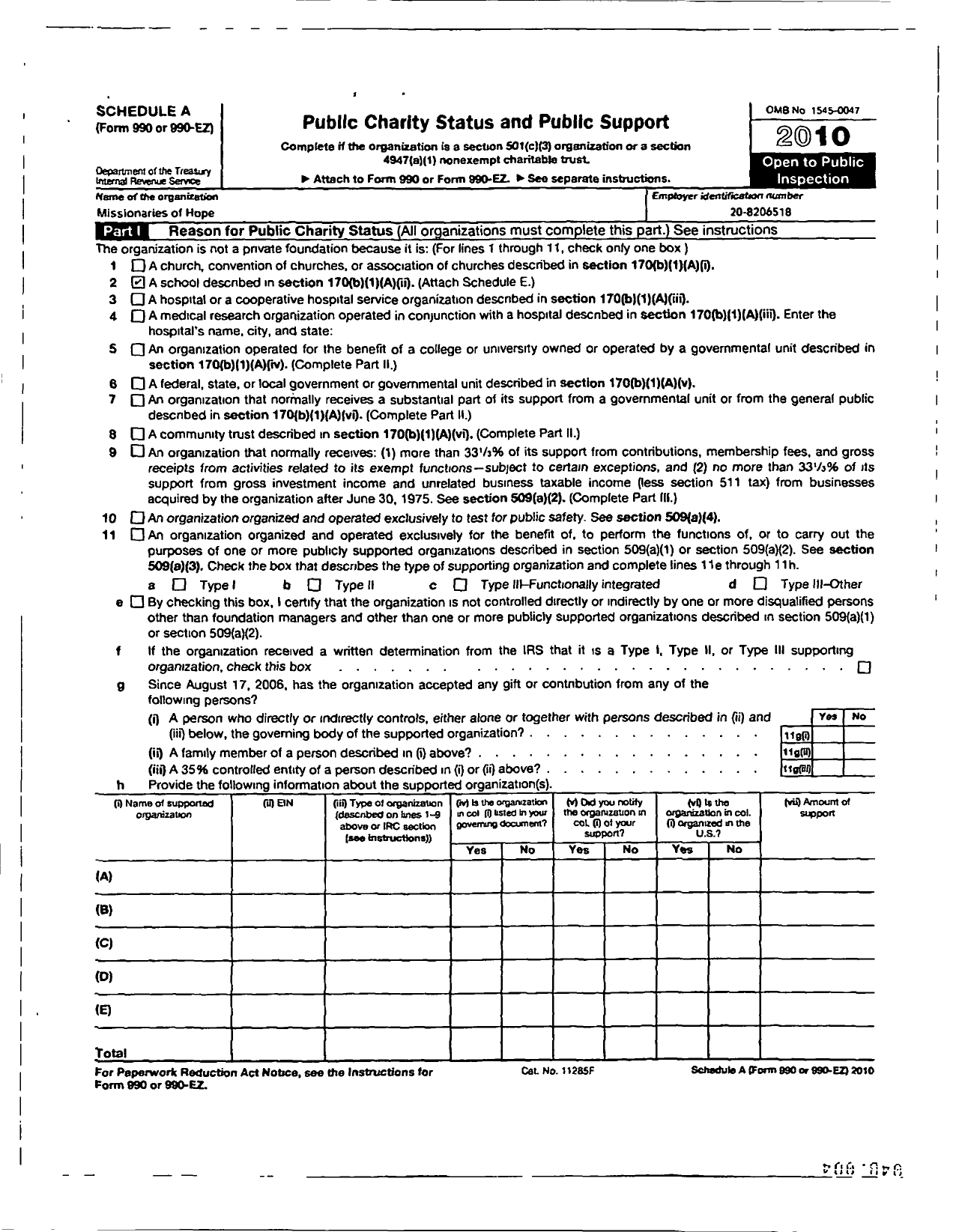 Image of first page of 2009 Form 990ER for Missionaries of Hope