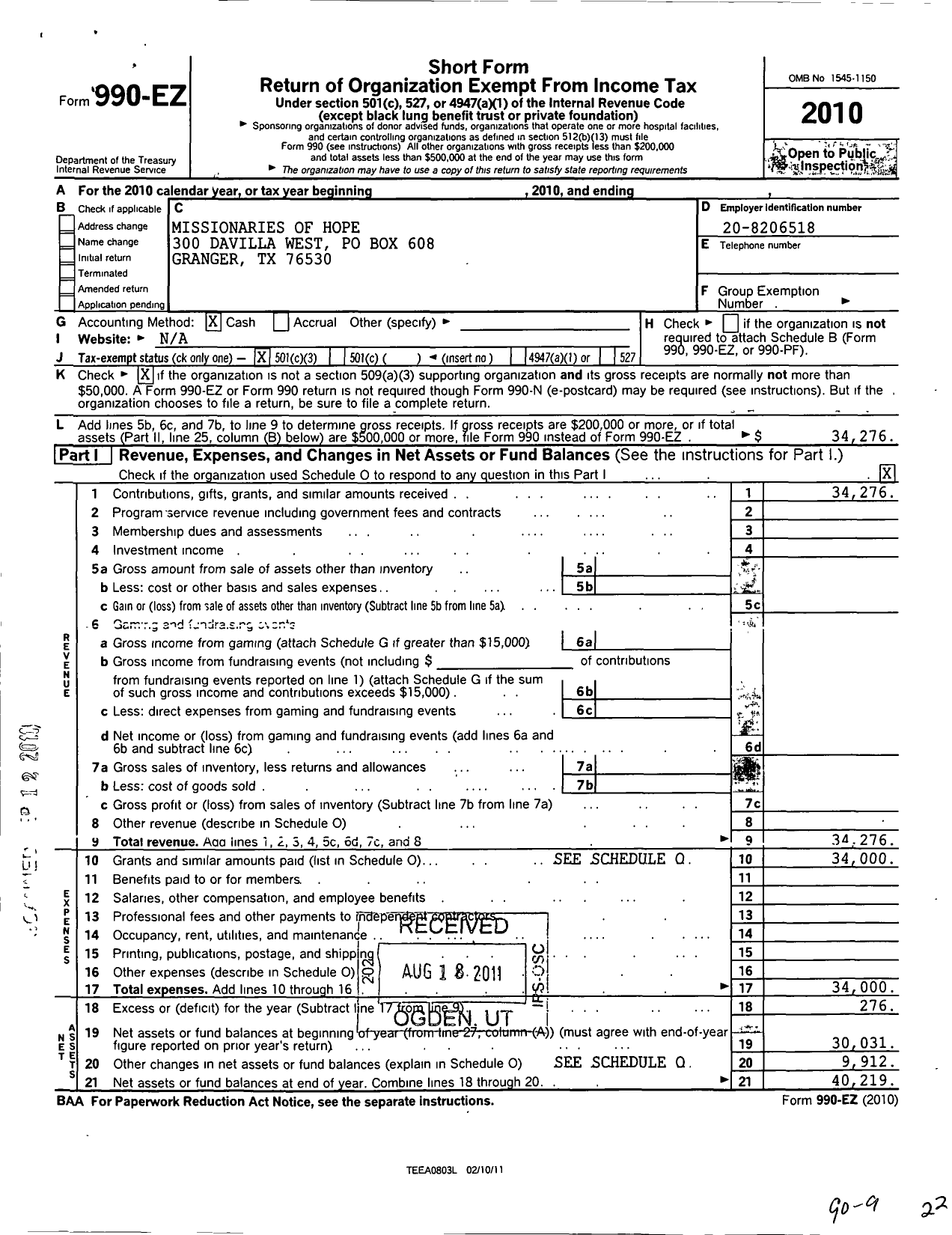 Image of first page of 2010 Form 990EZ for Missionaries of Hope