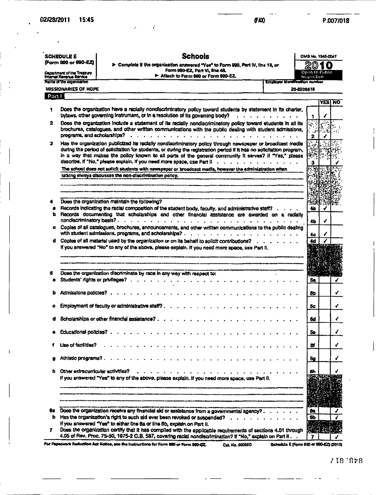 Image of first page of 2009 Form 990ER for Missionaries of Hope