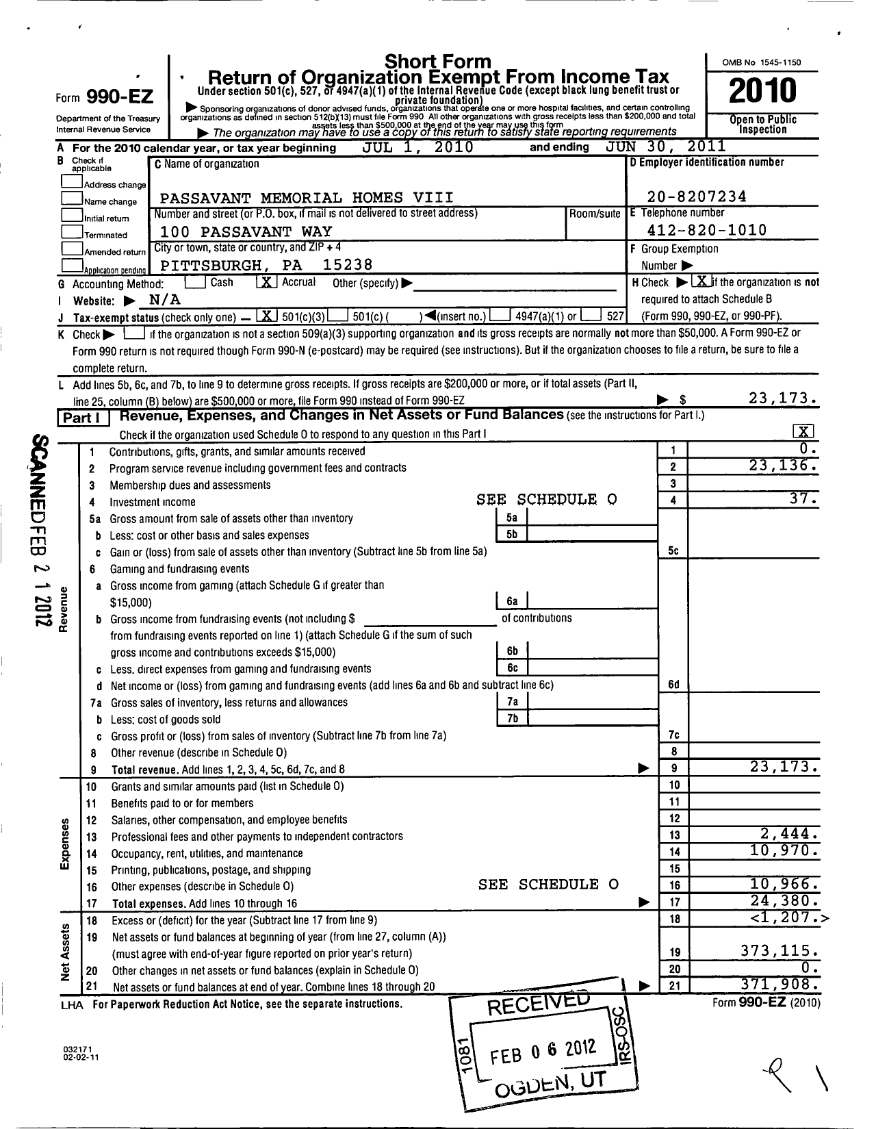 Image of first page of 2010 Form 990EZ for Passavant Memorial Homes Viii