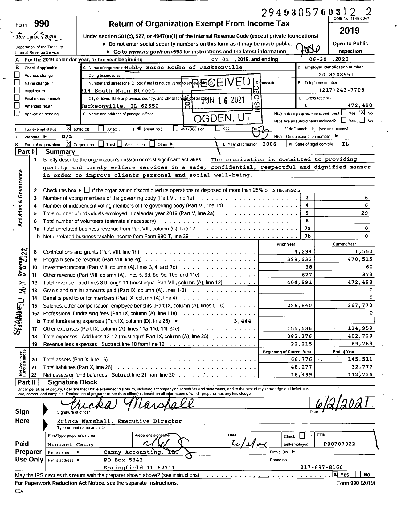 Image of first page of 2019 Form 990 for Hobby Horse House of Jacksonville