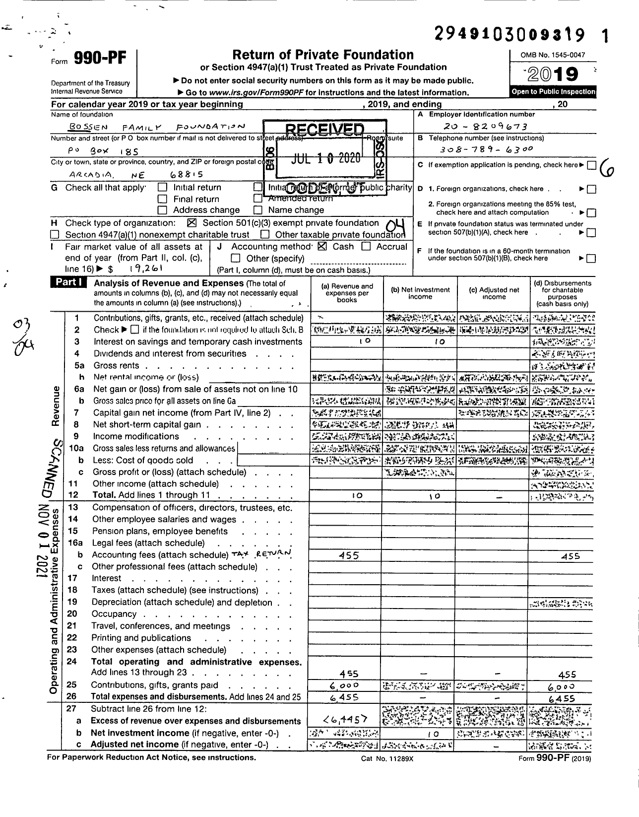 Image of first page of 2019 Form 990PF for Bossen Family Foundation