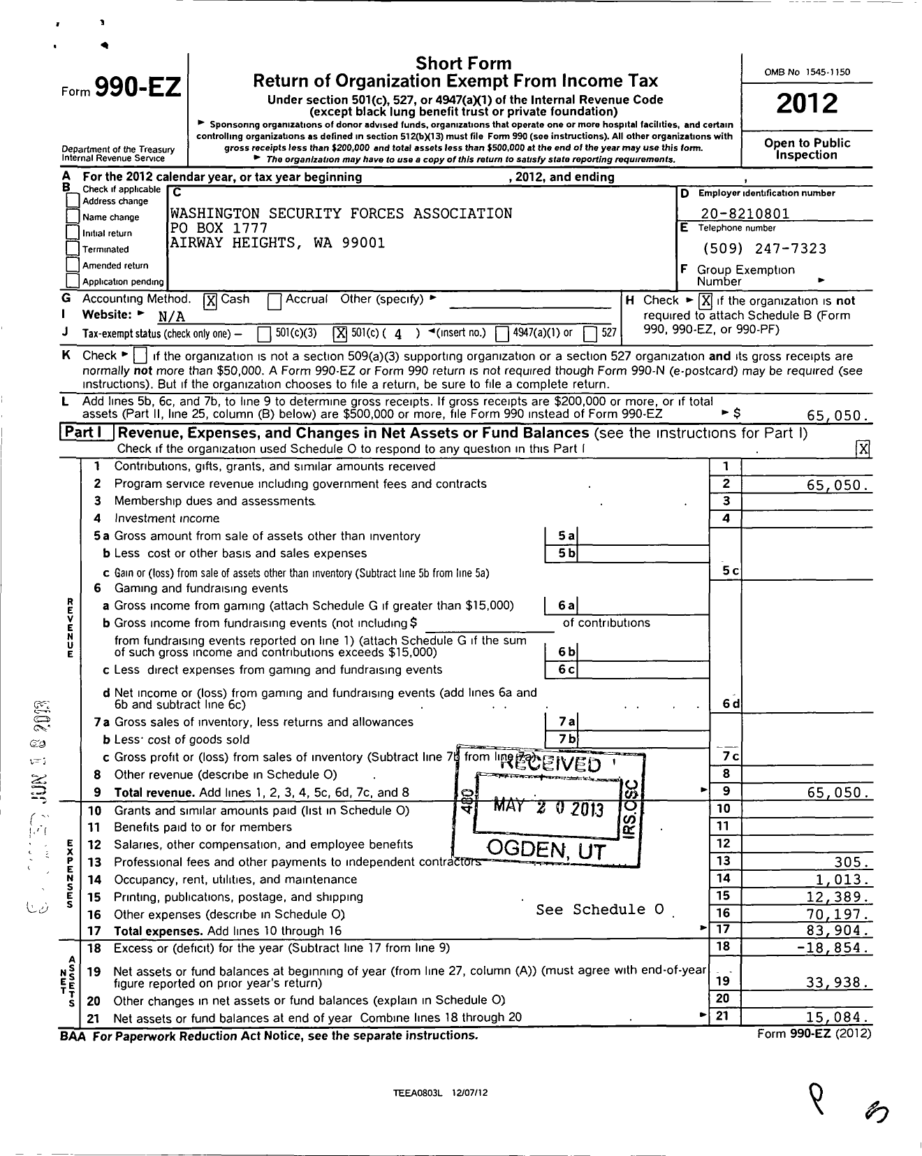 Image of first page of 2012 Form 990EO for Washington Security Forces Association