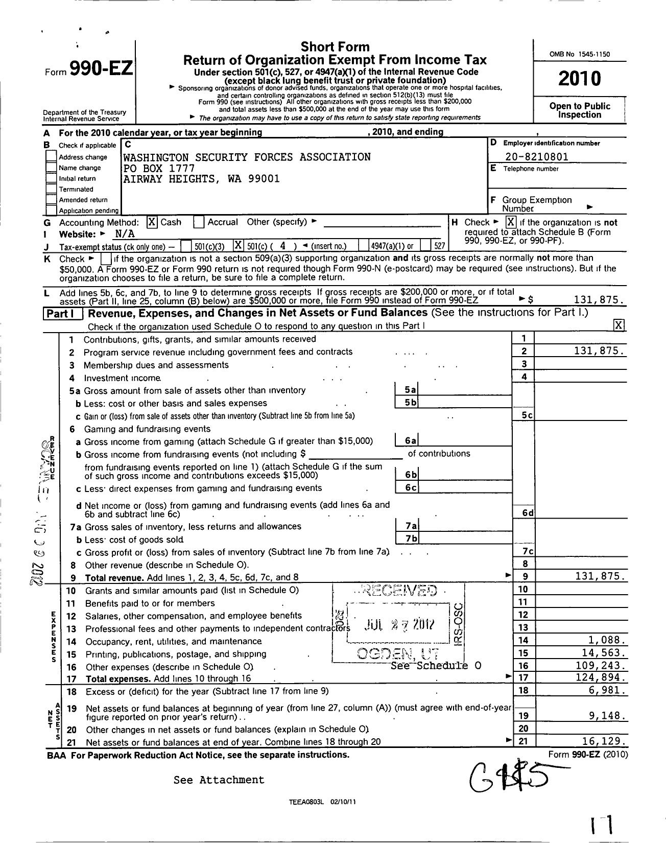 Image of first page of 2010 Form 990EO for Washington Security Forces Association