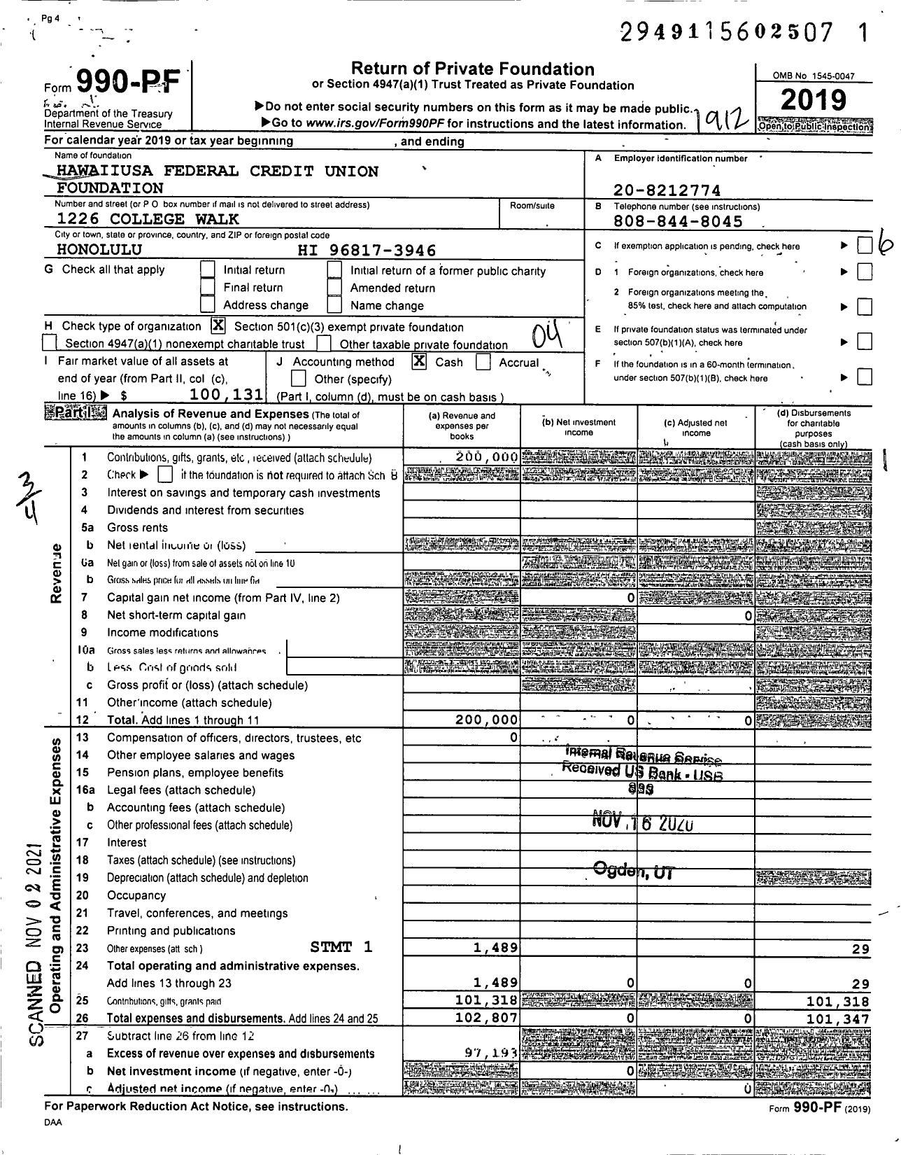 Image of first page of 2019 Form 990PF for Hawaiiusa Federal Credit Union Foundation