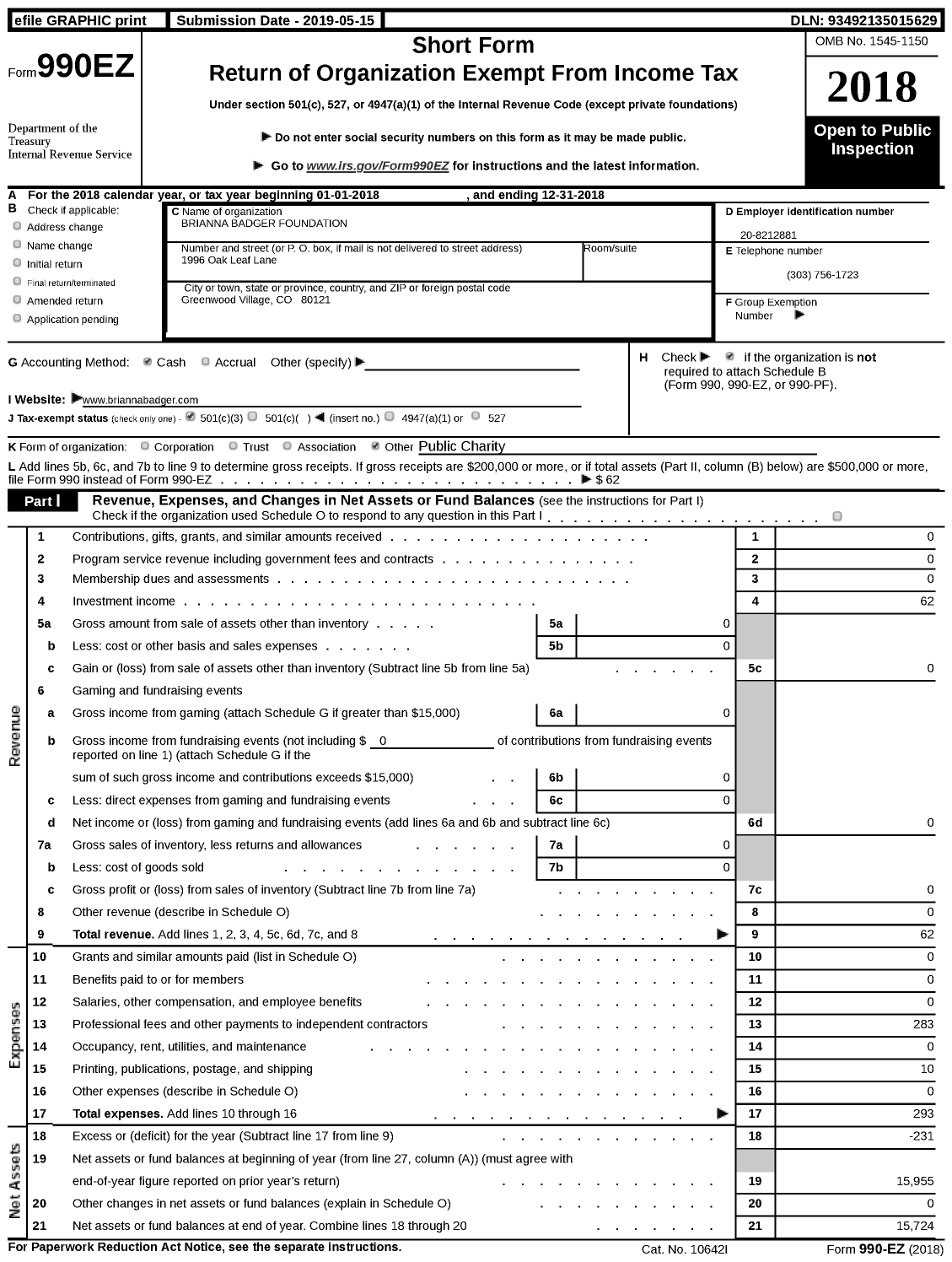 Image of first page of 2018 Form 990EZ for Brianna Badger Foundation