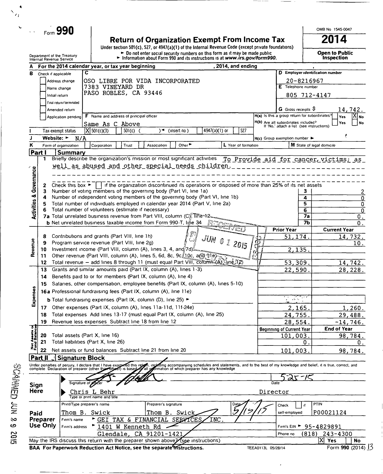 Image of first page of 2014 Form 990 for Oso Libre Por Vida Incorporated