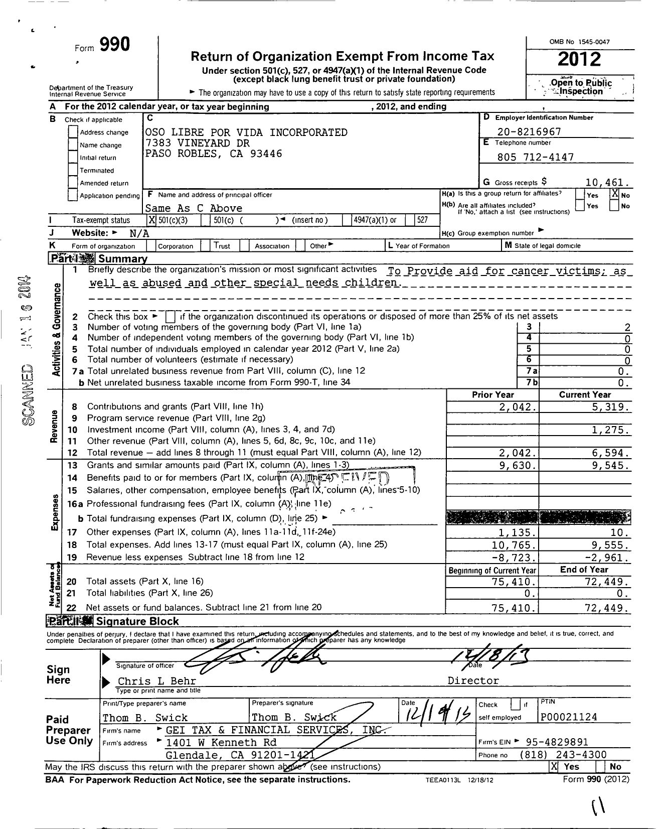 Image of first page of 2012 Form 990 for Oso Libre Por Vida Incorporated