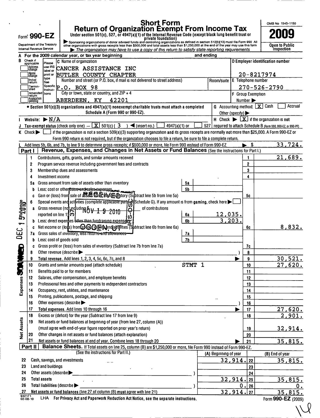 Image of first page of 2009 Form 990EZ for Cancer Assistance Butler County Chapter