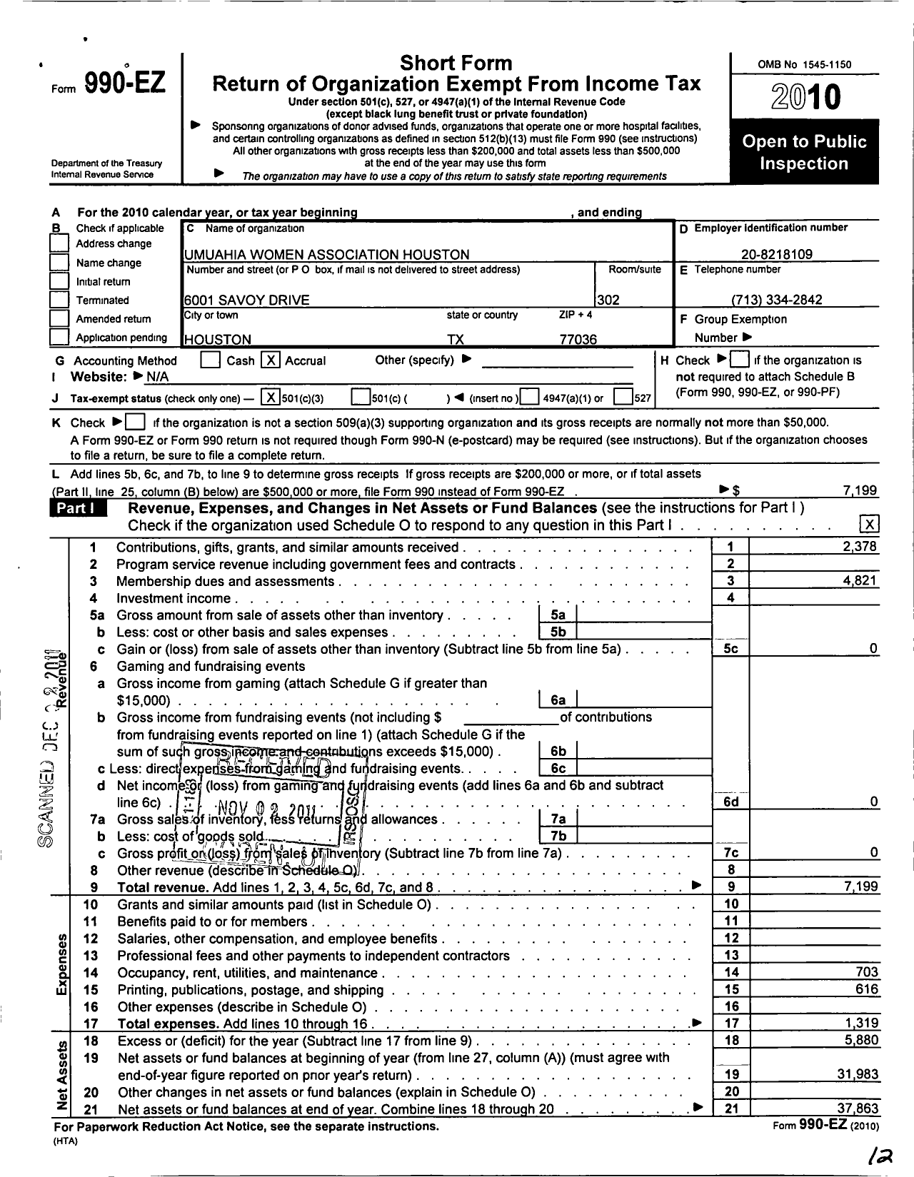 Image of first page of 2010 Form 990EZ for Umuahia Women Association Houston