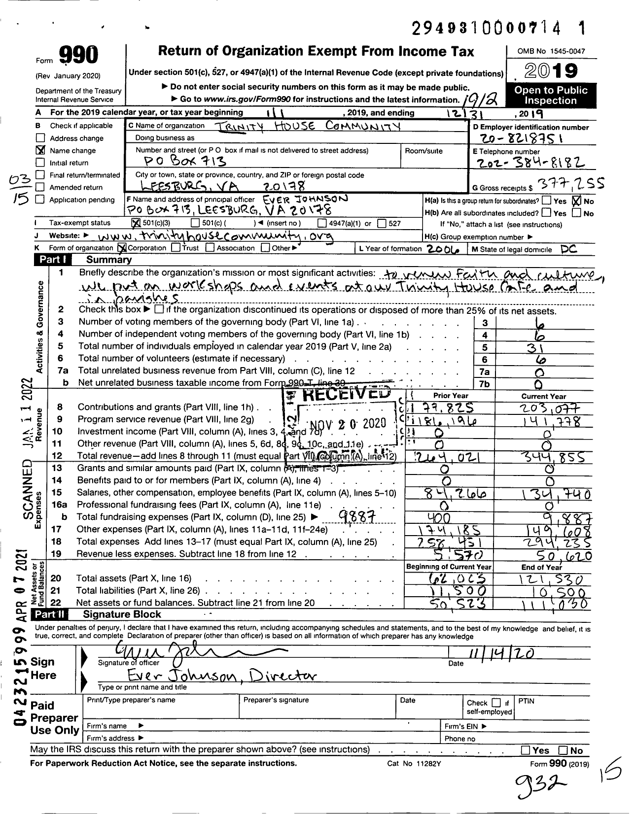 Image of first page of 2019 Form 990 for Trinity House Community