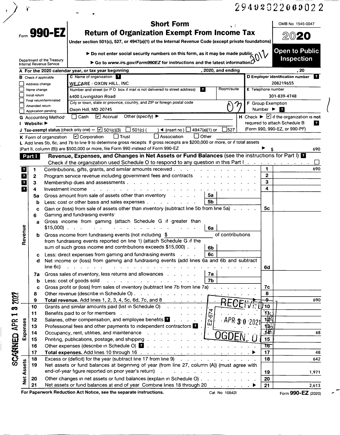 Image of first page of 2020 Form 990EZ for Wecare Oxon Hill