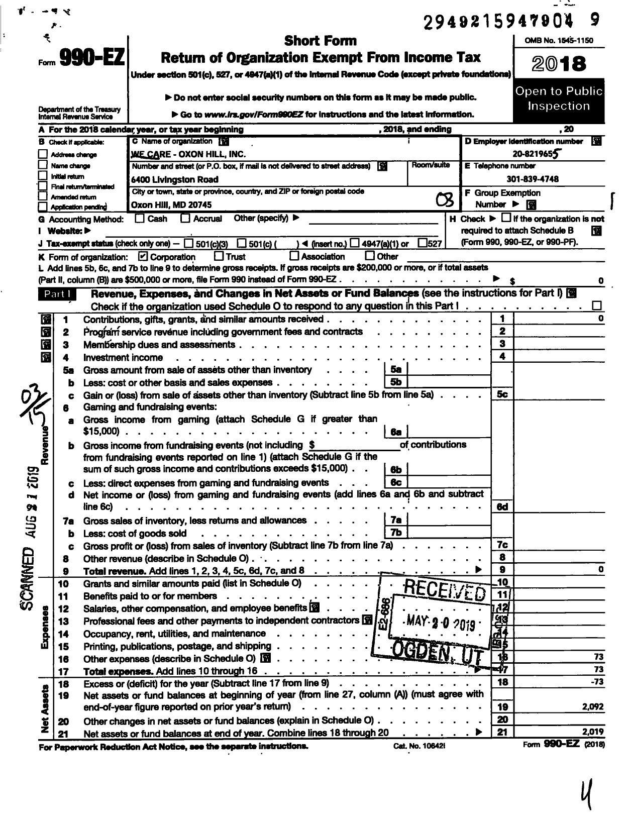 Image of first page of 2018 Form 990EZ for Wecare Oxon Hill