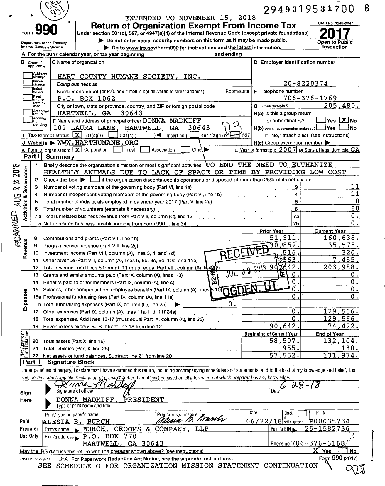 Image of first page of 2017 Form 990 for Hart County Humane Society