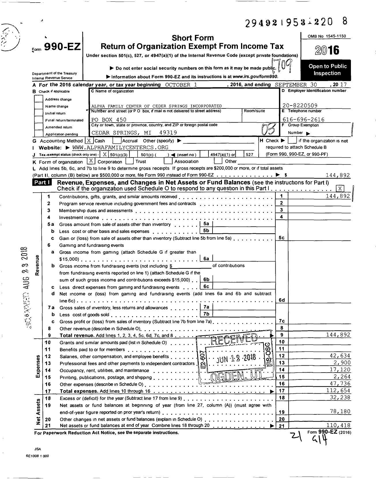 Image of first page of 2016 Form 990EZ for Alpha Family Center of Cedar Springs Incorporated