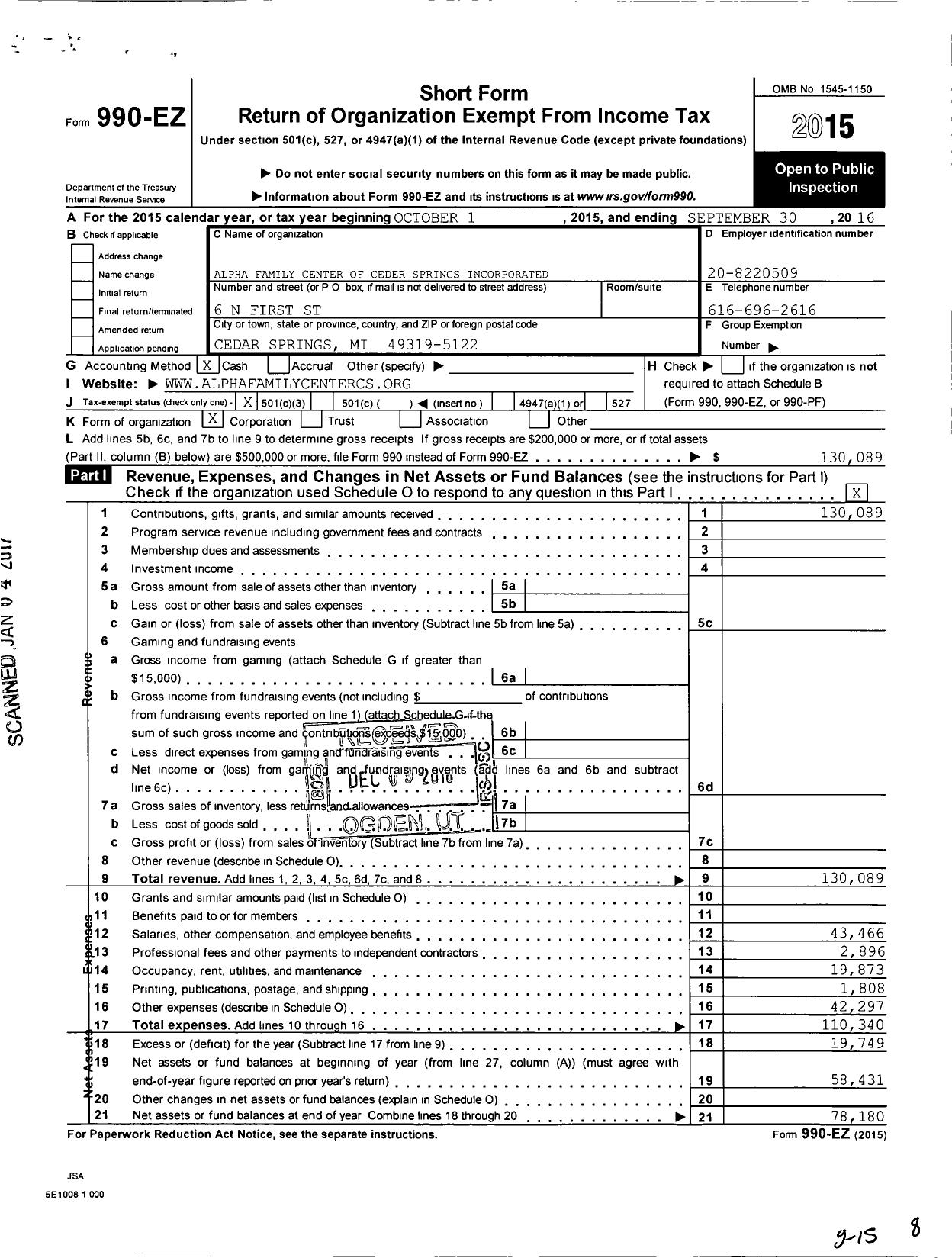 Image of first page of 2015 Form 990EZ for Alpha Family Center of Cedar Springs Incorporated