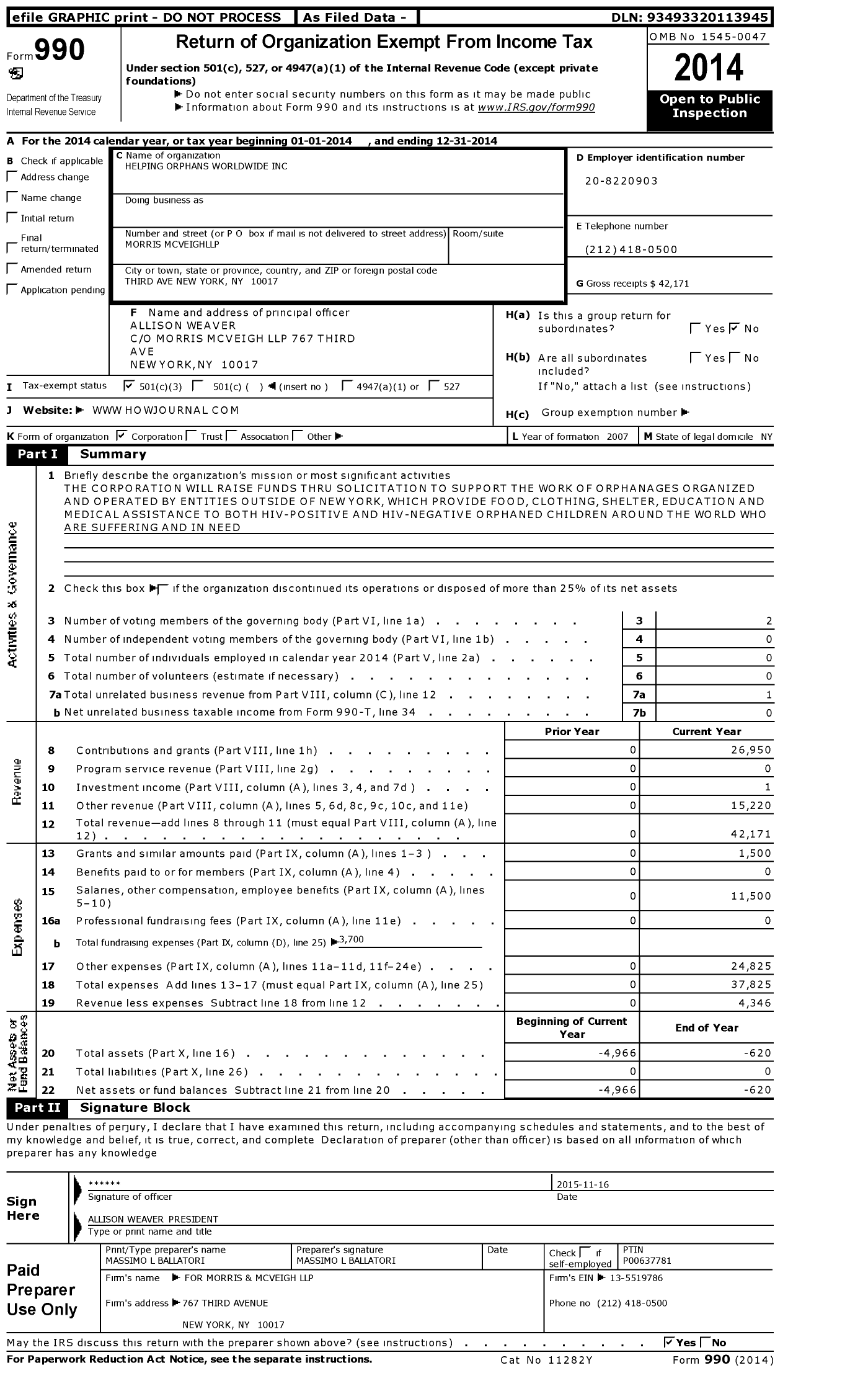 Image of first page of 2014 Form 990 for Helping Orphans Worldwide