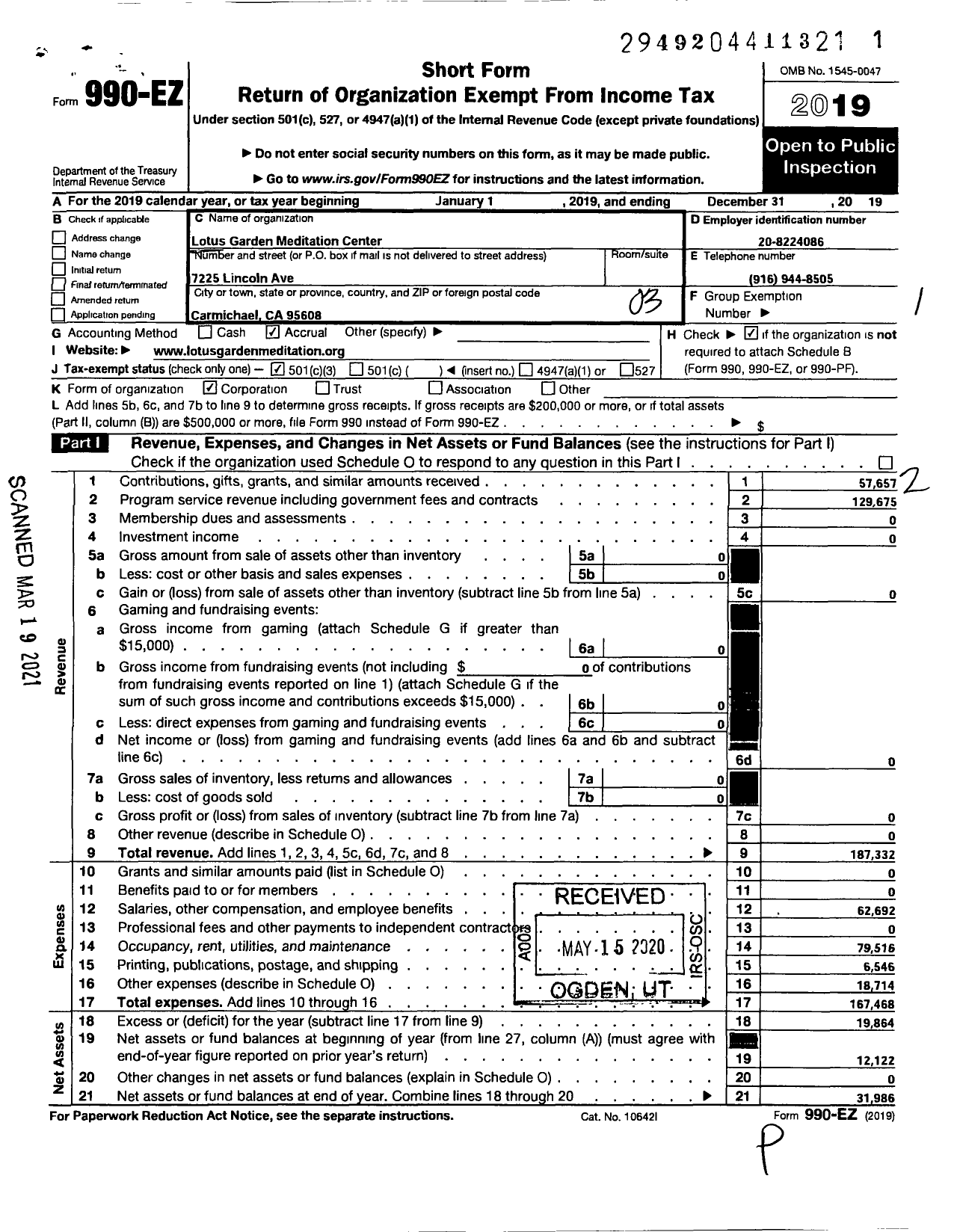 Image of first page of 2019 Form 990EZ for Lotus Garden Meditation Center