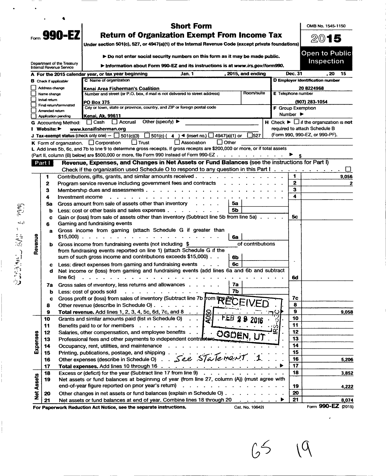 Image of first page of 2015 Form 990EO for Kenai Area Fishermans Coalition