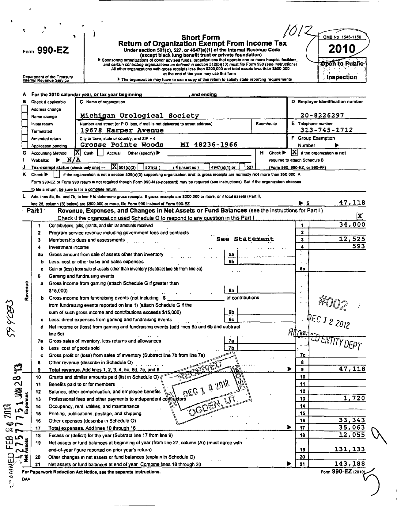 Image of first page of 2010 Form 990EZ for Michigan Urological Society