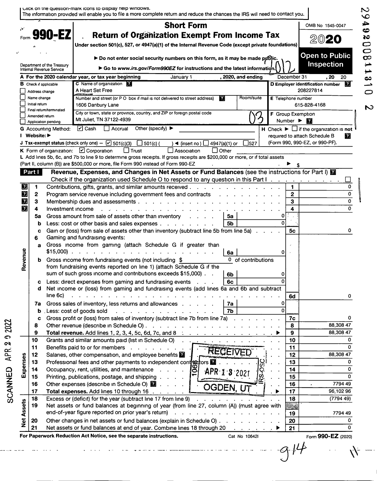 Image of first page of 2020 Form 990EZ for A Heart Set Free Ministries