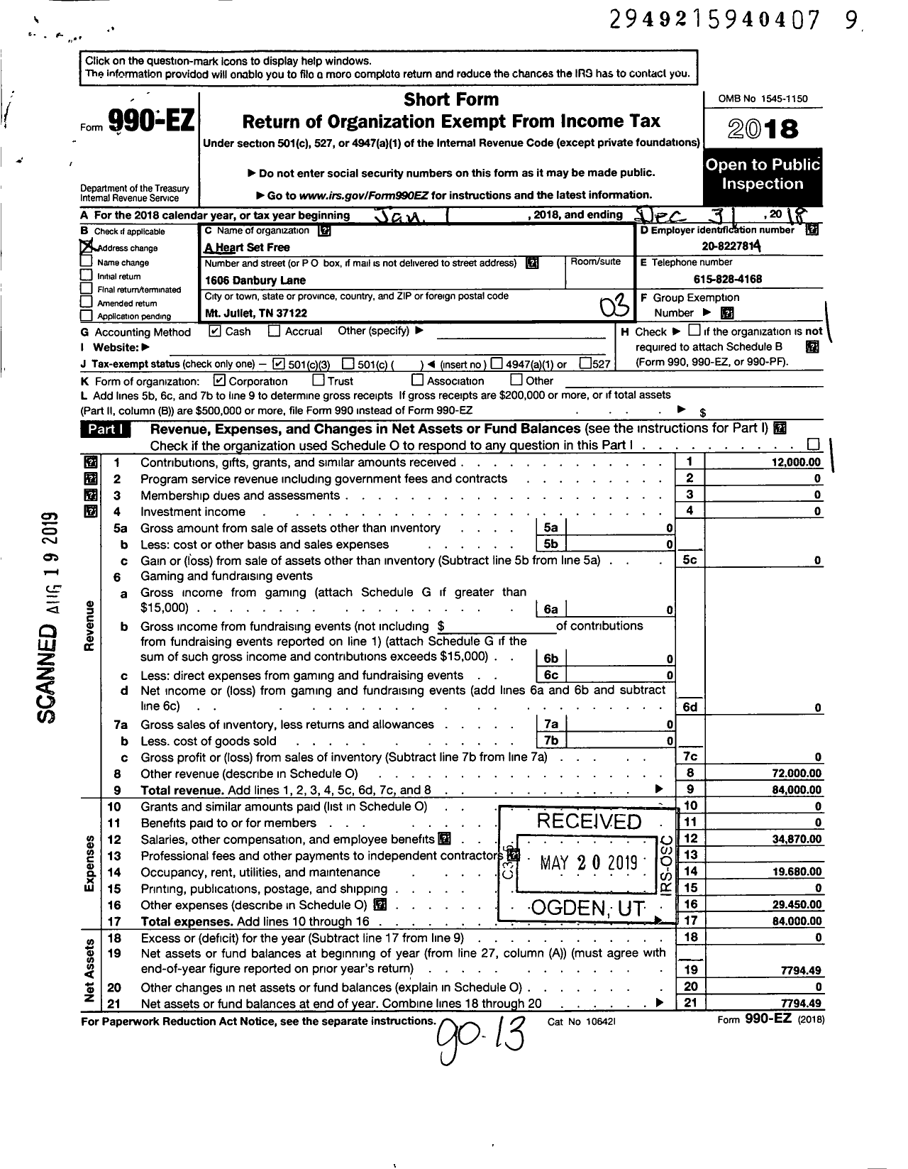 Image of first page of 2018 Form 990EZ for A Heart Set Free Ministries