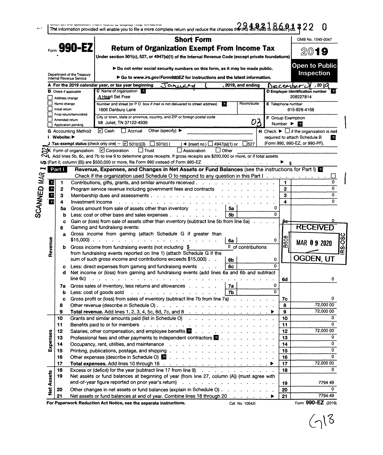 Image of first page of 2019 Form 990EZ for A Heart Set Free Ministries