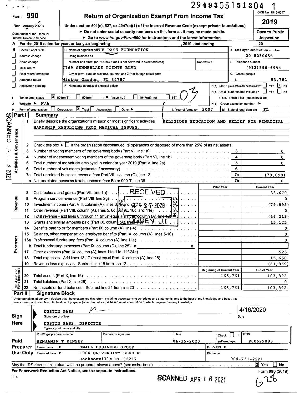 Image of first page of 2019 Form 990 for The Pass Foundation