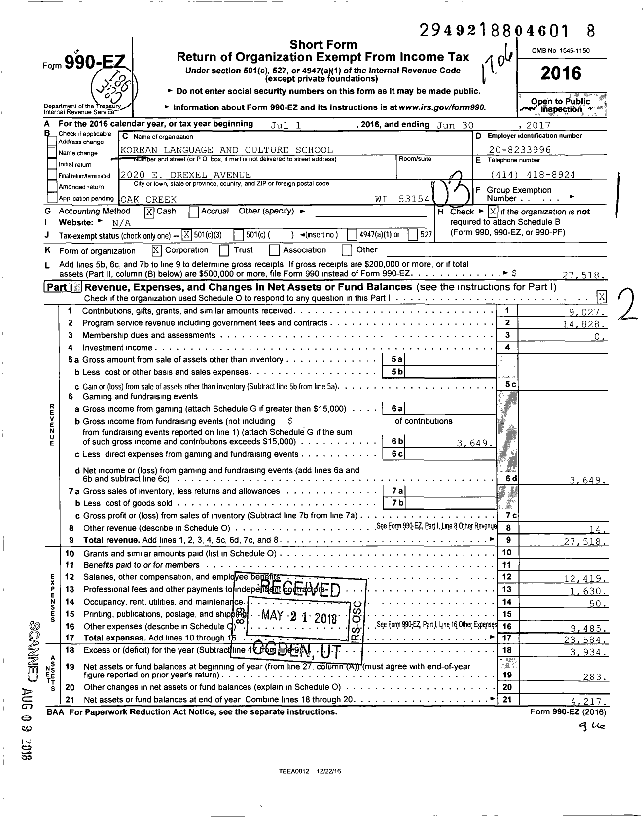 Image of first page of 2016 Form 990EZ for Korean Language and Culture School of Milwaukee