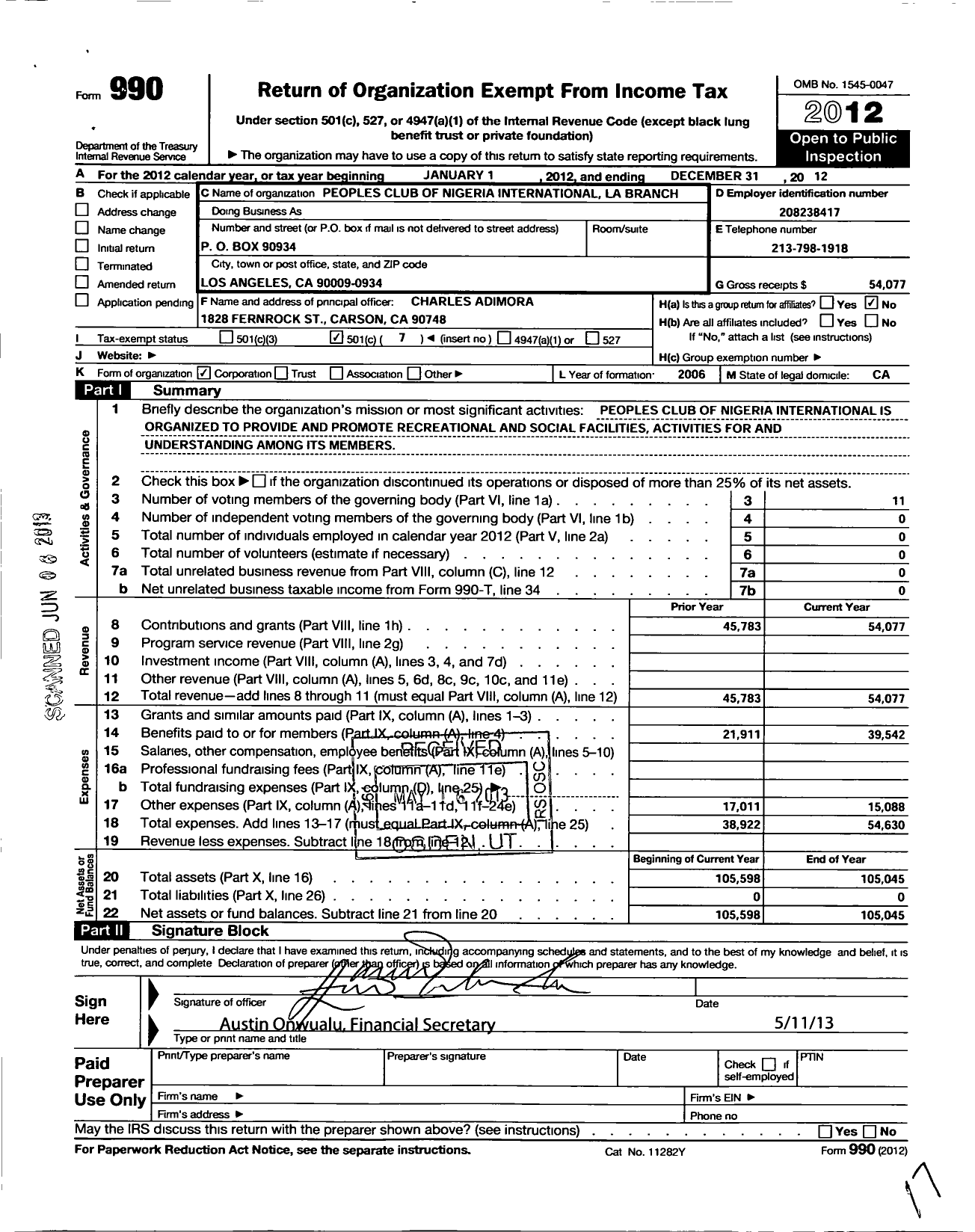 Image of first page of 2012 Form 990O for Peoples Club of Nigeria International Los Angeles Branch