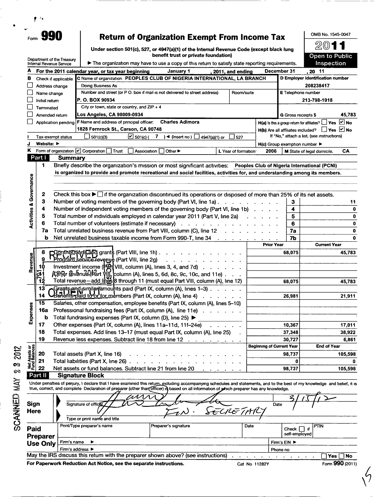 Image of first page of 2011 Form 990O for Peoples Club of Nigeria International Los Angeles Branch