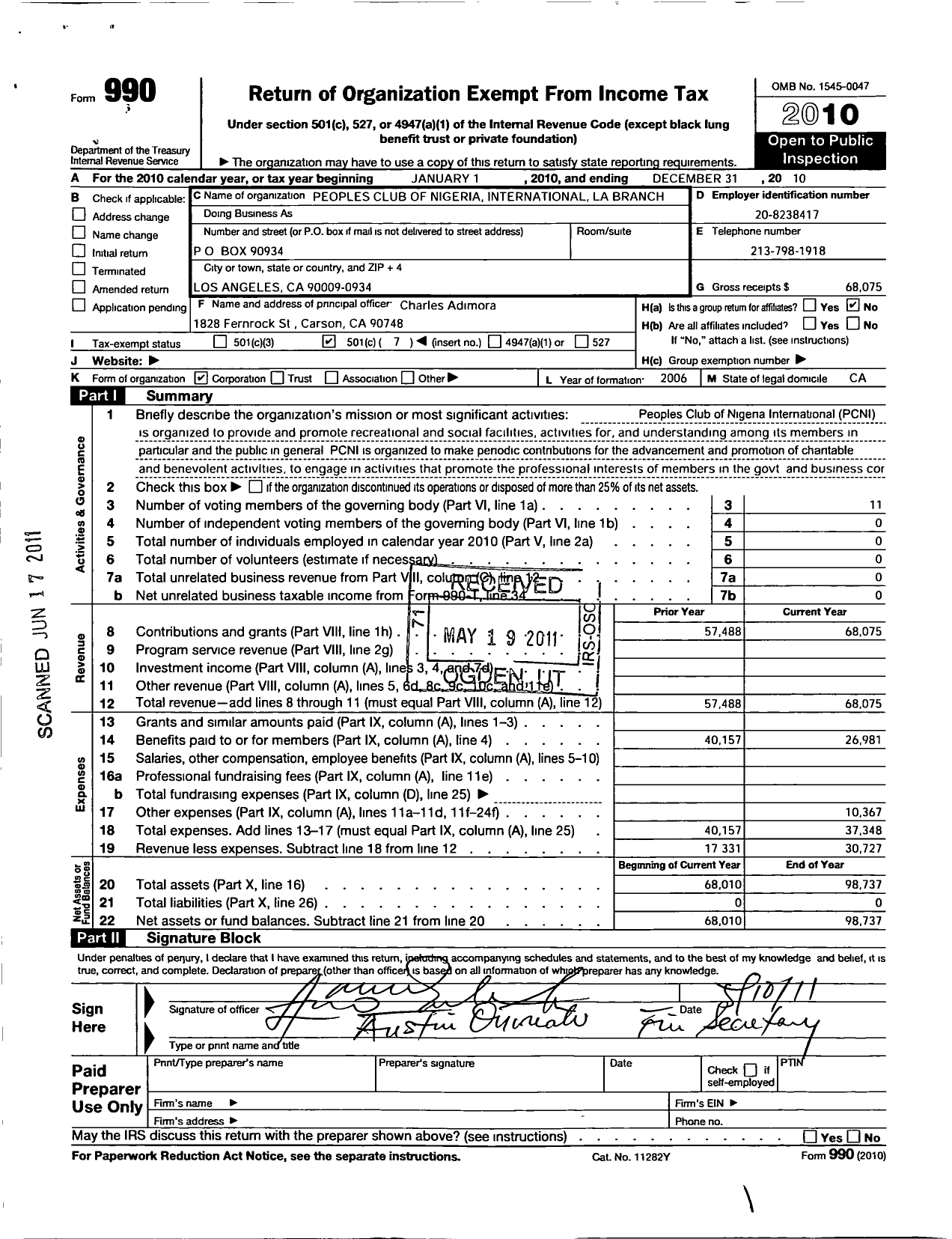 Image of first page of 2010 Form 990O for Peoples Club of Nigeria International Los Angeles Branch