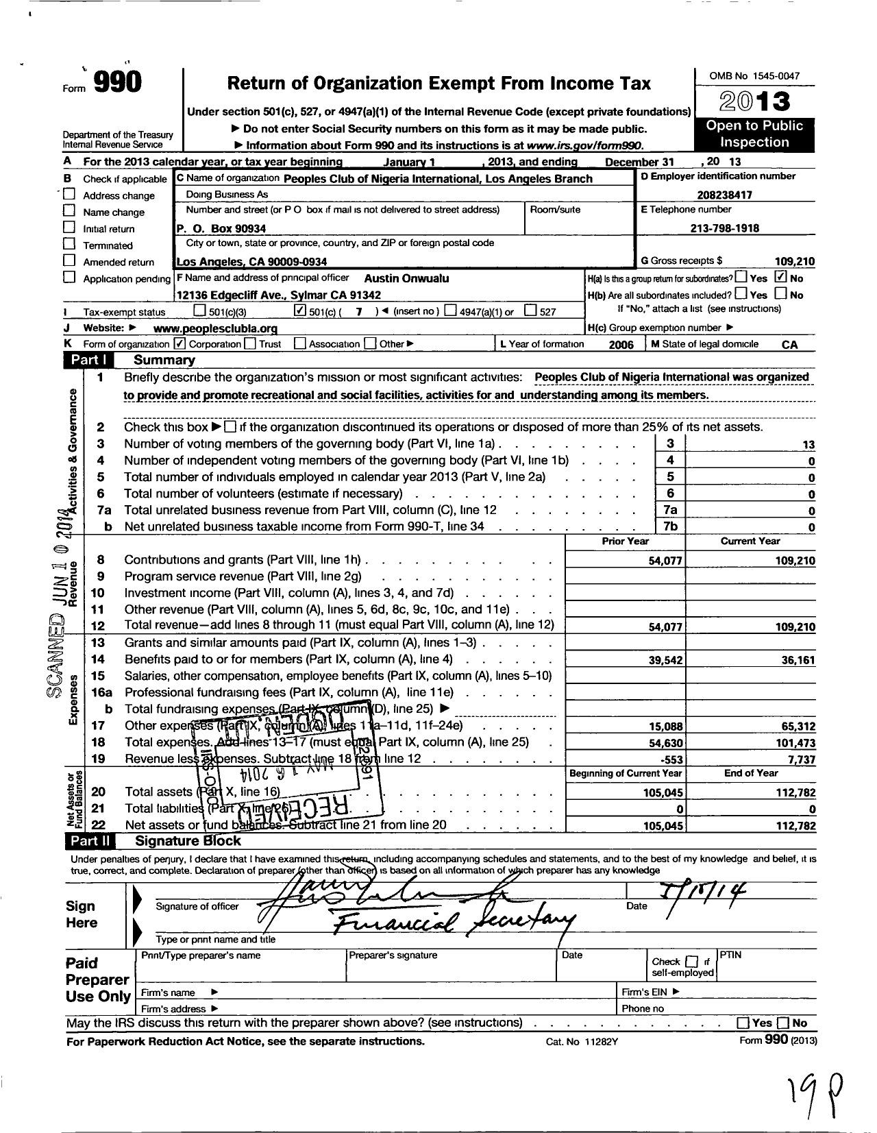 Image of first page of 2013 Form 990O for Peoples Club of Nigeria International Los Angeles Branch