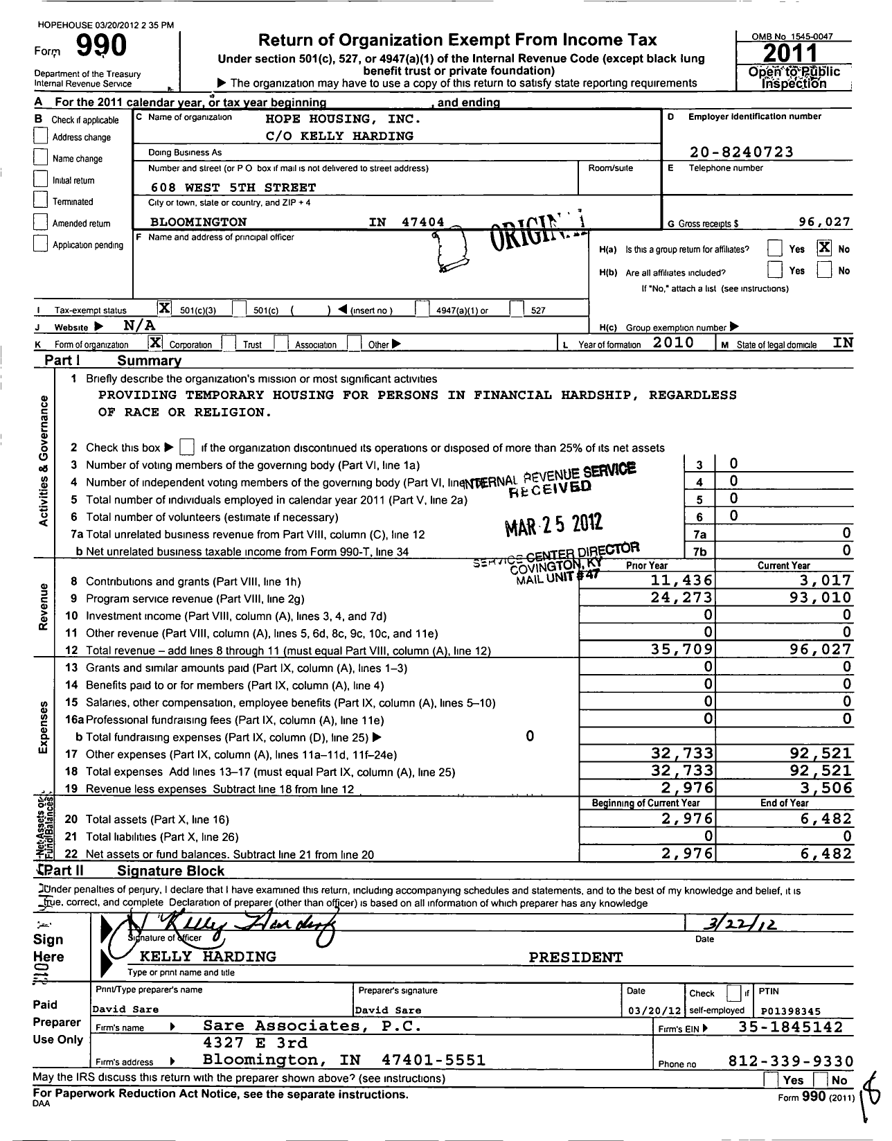Image of first page of 2011 Form 990 for Hope Housing