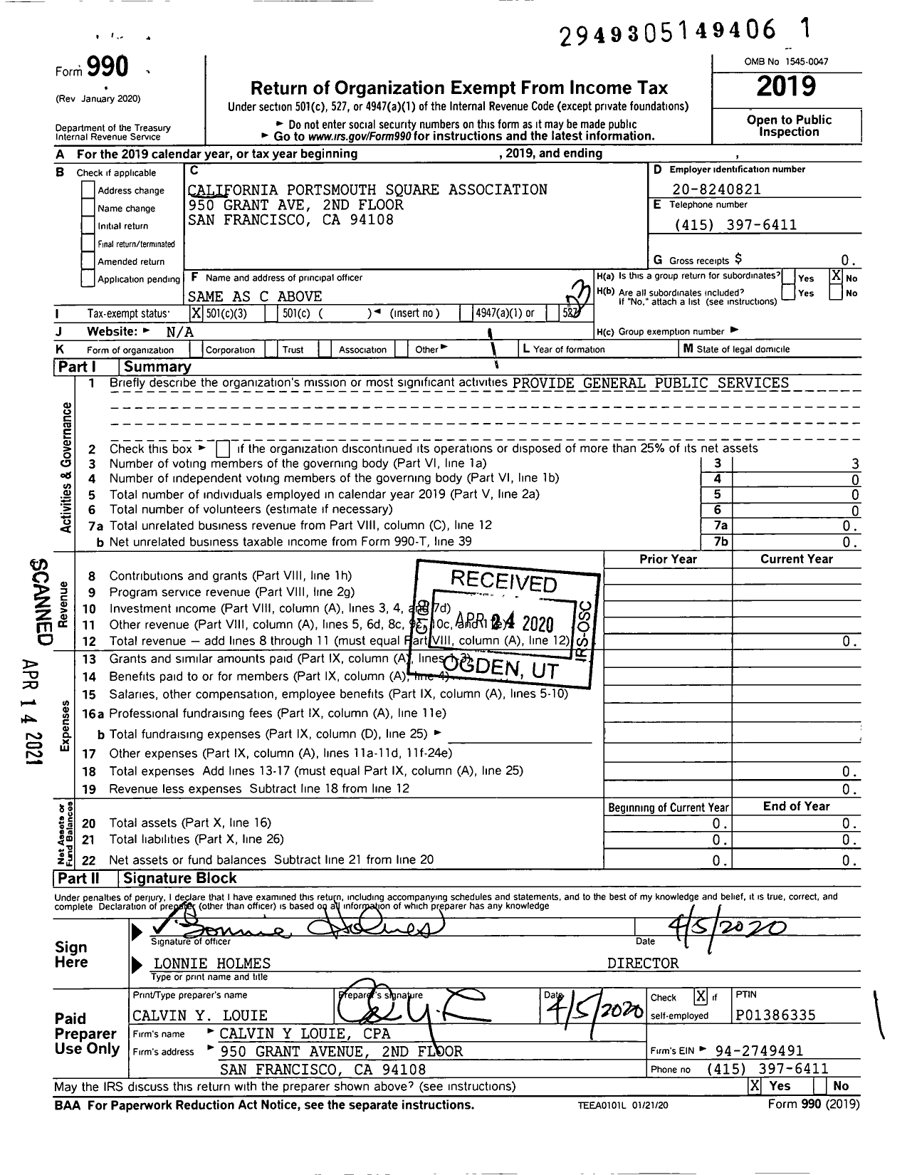 Image of first page of 2019 Form 990 for California Portsmouth Square Association