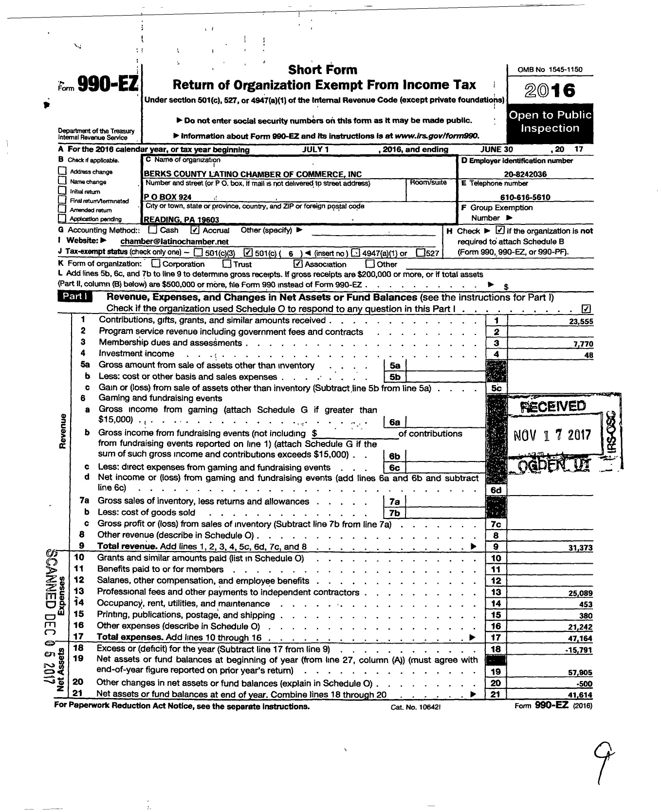 Image of first page of 2016 Form 990EO for Berks County Latino Chamber Ofcommerce