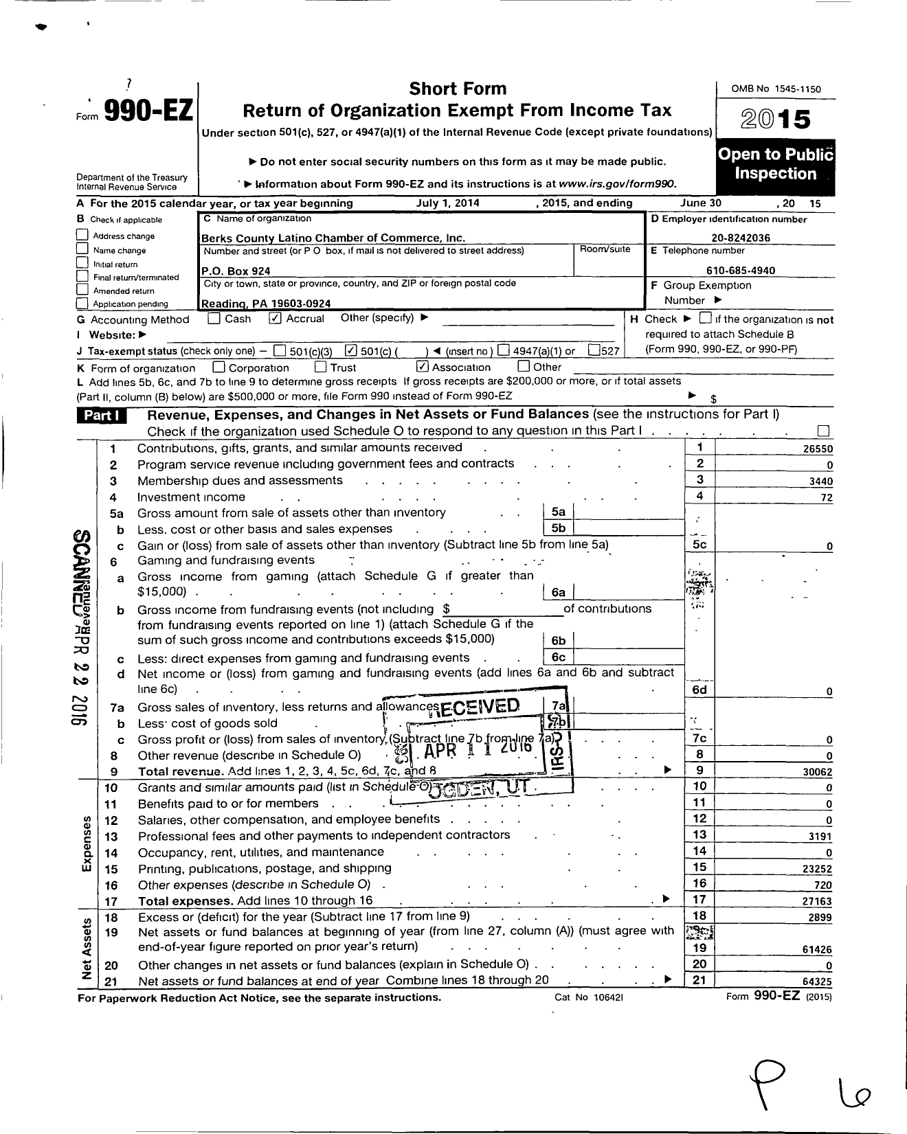 Image of first page of 2014 Form 990EO for Berks County Latino Chamber Ofcommerce