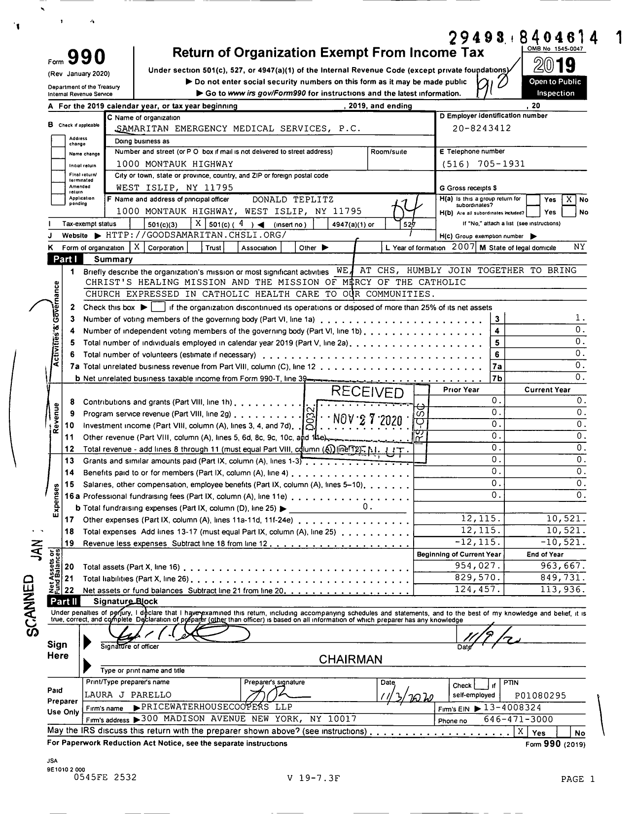 Image of first page of 2019 Form 990O for Samaritan Emergency Medical Services PC