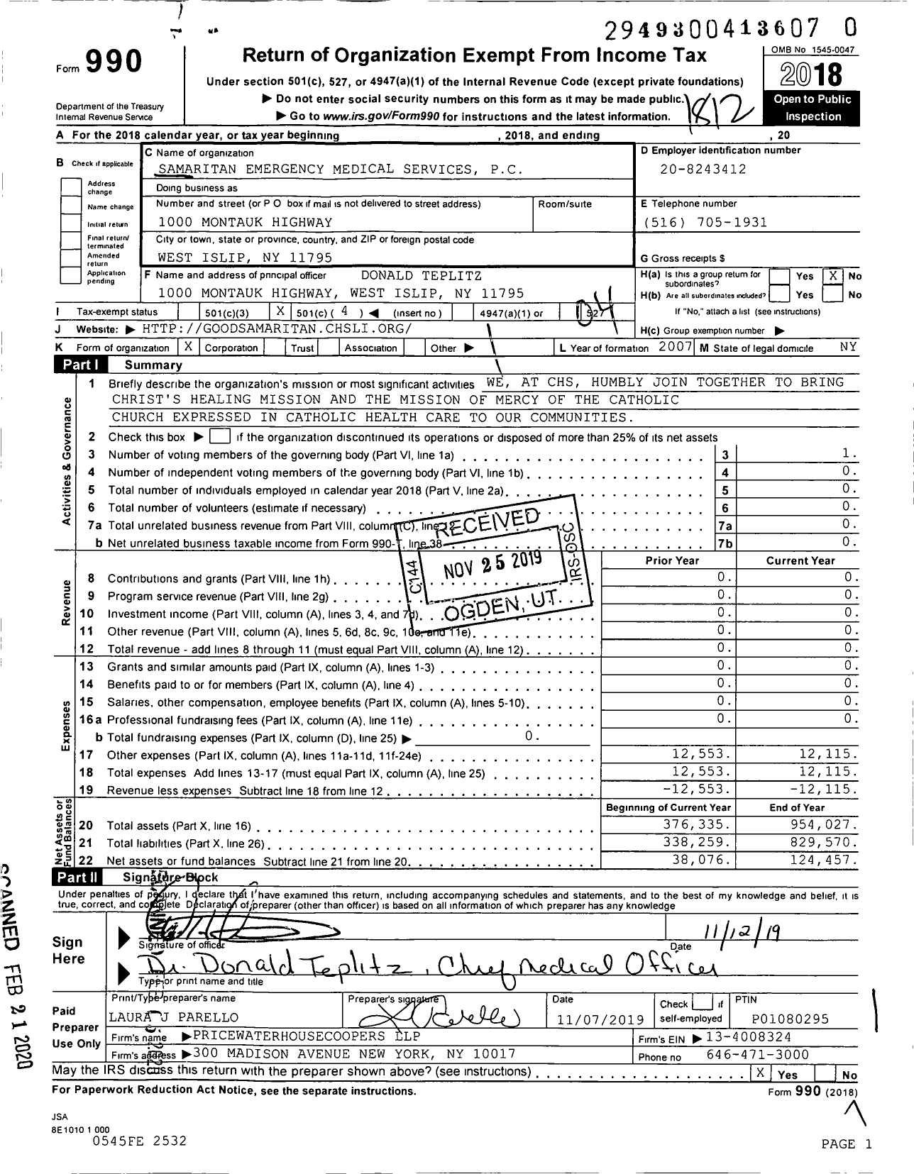 Image of first page of 2018 Form 990O for Samaritan Emergency Medical Services PC
