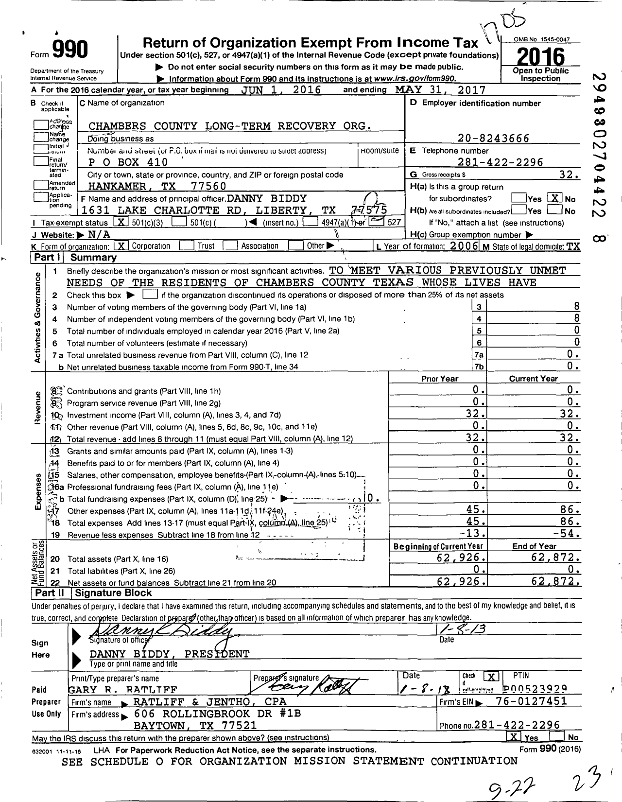 Image of first page of 2016 Form 990 for Chambers County Long-Term Recovery