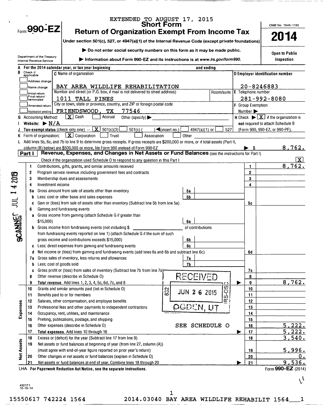 Image of first page of 2014 Form 990EZ for Bay Area Wildlife Rehabilitation