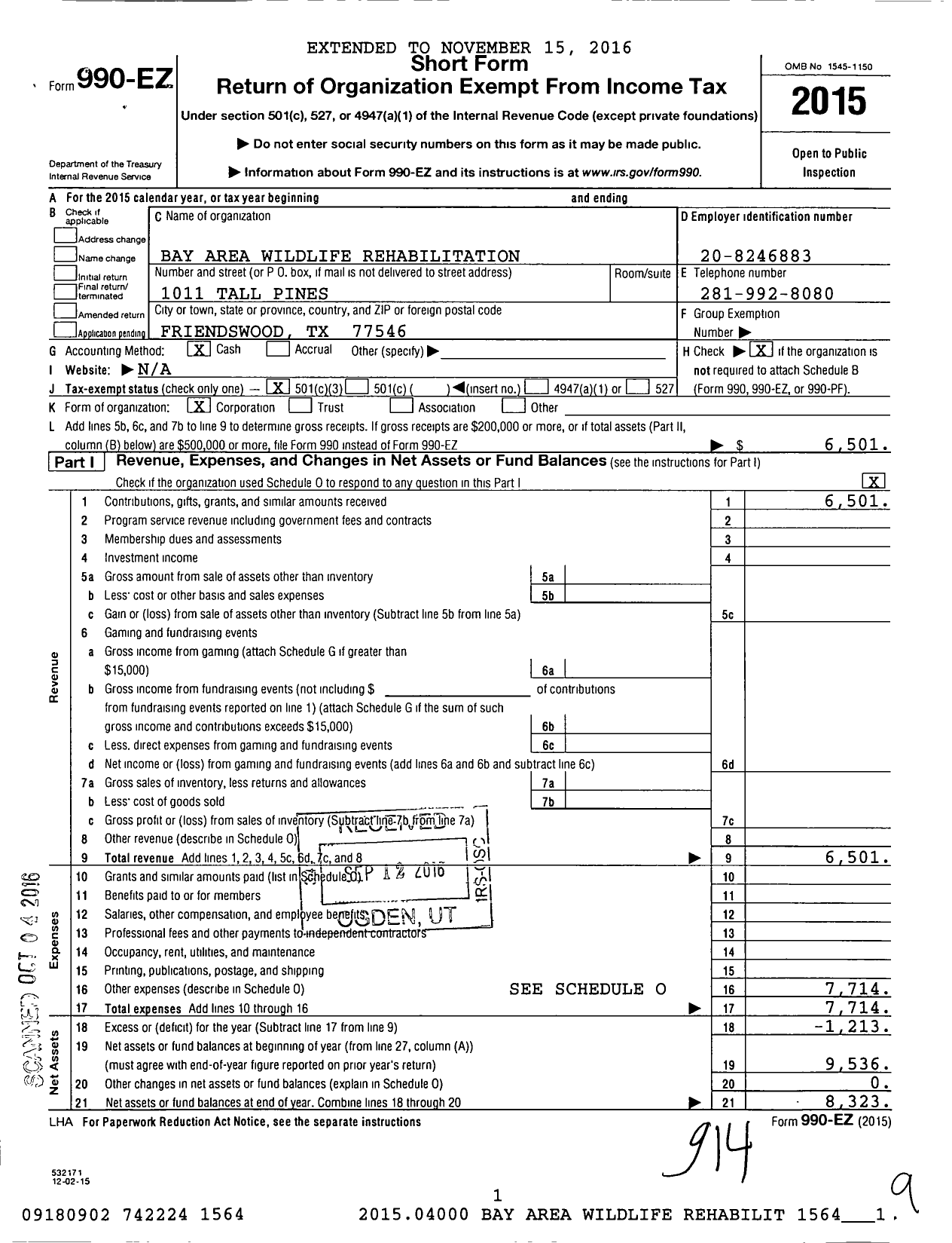 Image of first page of 2015 Form 990EZ for Bay Area Wildlife Rehabilitation